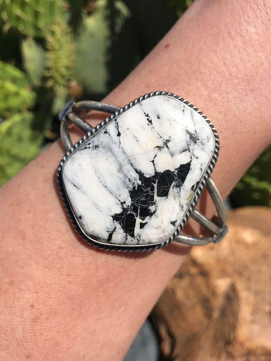 The Bruin Point White Buffalo Cuff-Bracelets & Cuffs-Calli Co., Turquoise and Silver Jewelry, Native American Handmade, Zuni Tribe, Navajo Tribe, Brock Texas