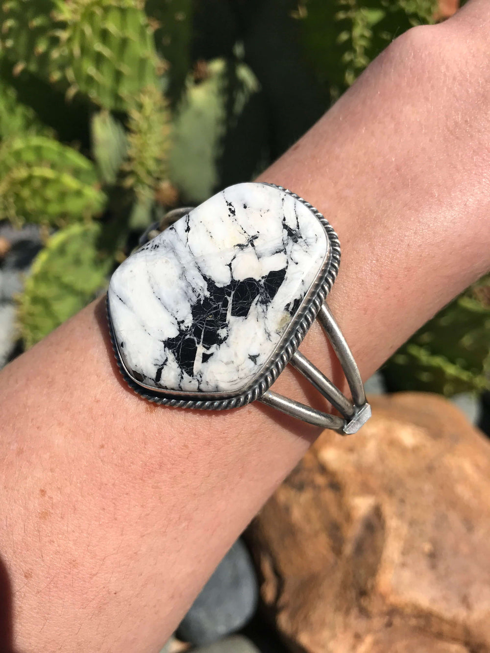The Bruin Point White Buffalo Cuff-Bracelets & Cuffs-Calli Co., Turquoise and Silver Jewelry, Native American Handmade, Zuni Tribe, Navajo Tribe, Brock Texas