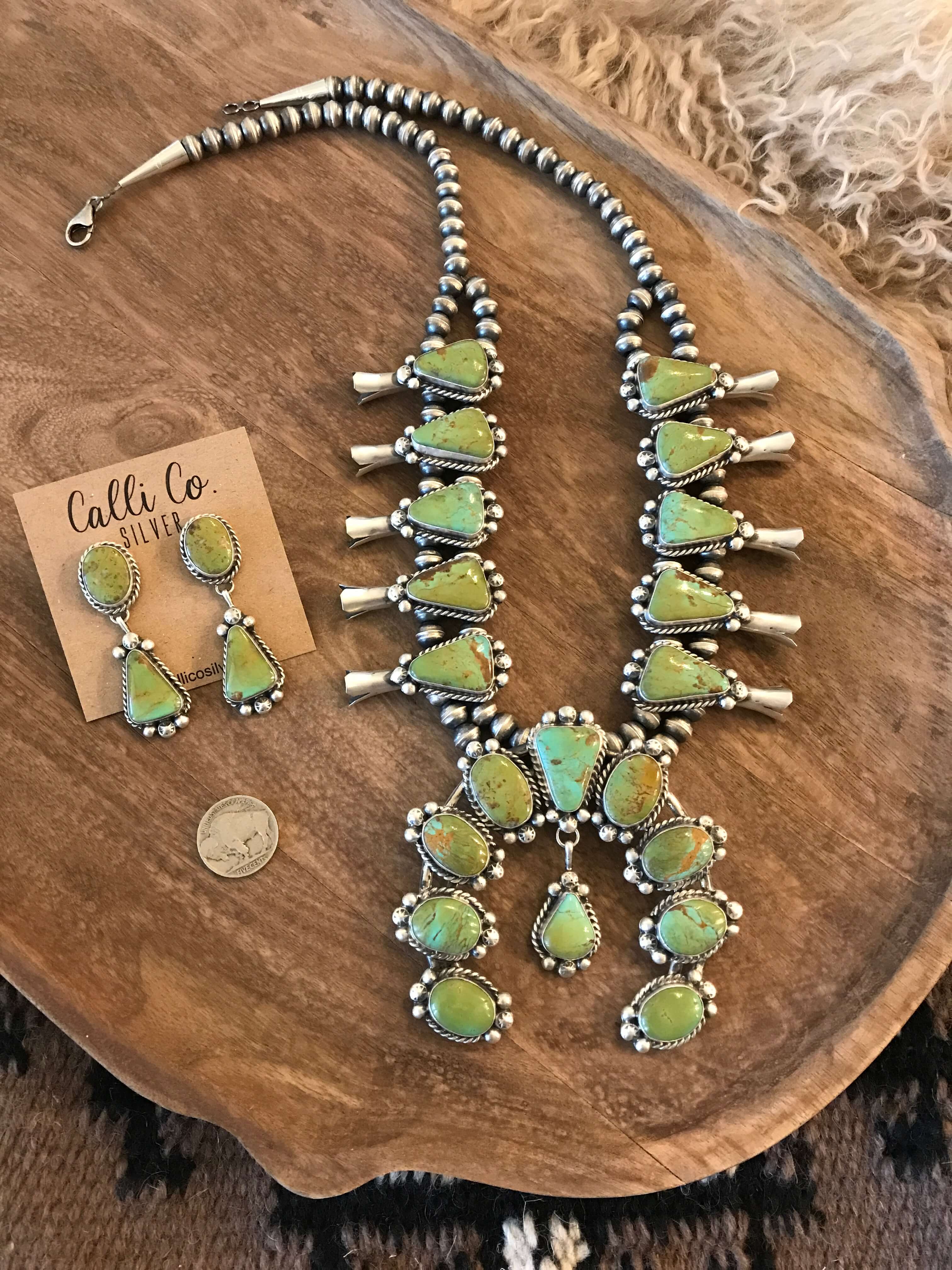 The Castile Turquoise Squash Blossom Necklace Set-Necklaces-Calli Co., Turquoise and Silver Jewelry, Native American Handmade, Zuni Tribe, Navajo Tribe, Brock Texas