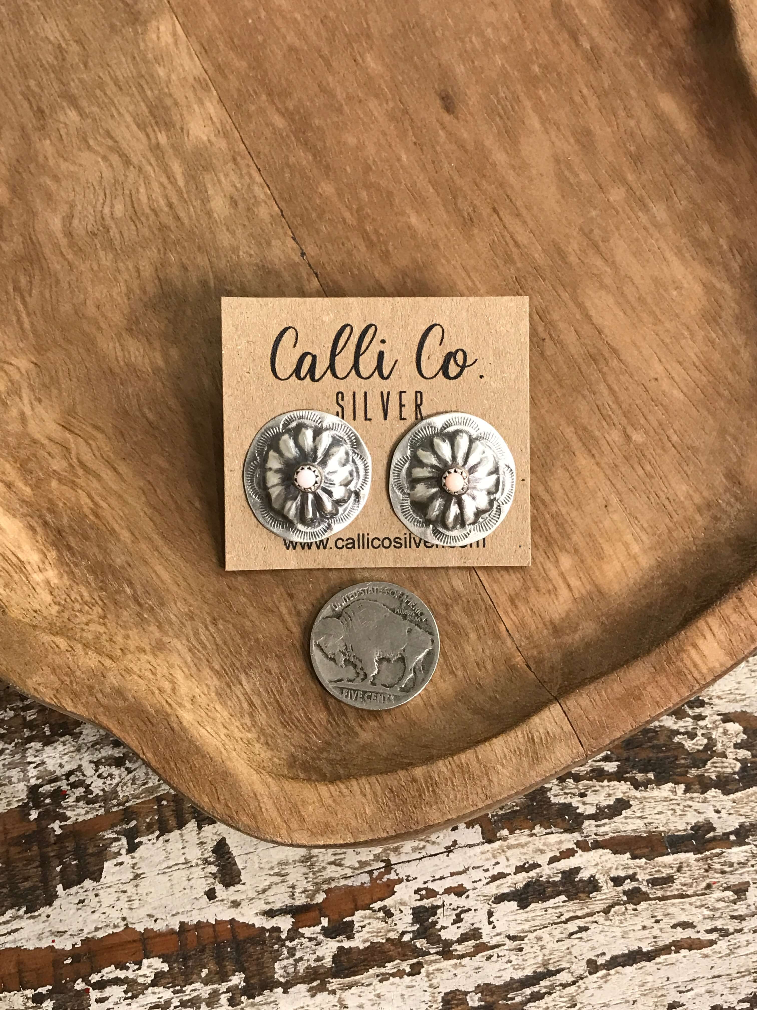 The Raleigh Concho Earrings in Pink Conch-Earrings-Calli Co., Turquoise and Silver Jewelry, Native American Handmade, Zuni Tribe, Navajo Tribe, Brock Texas