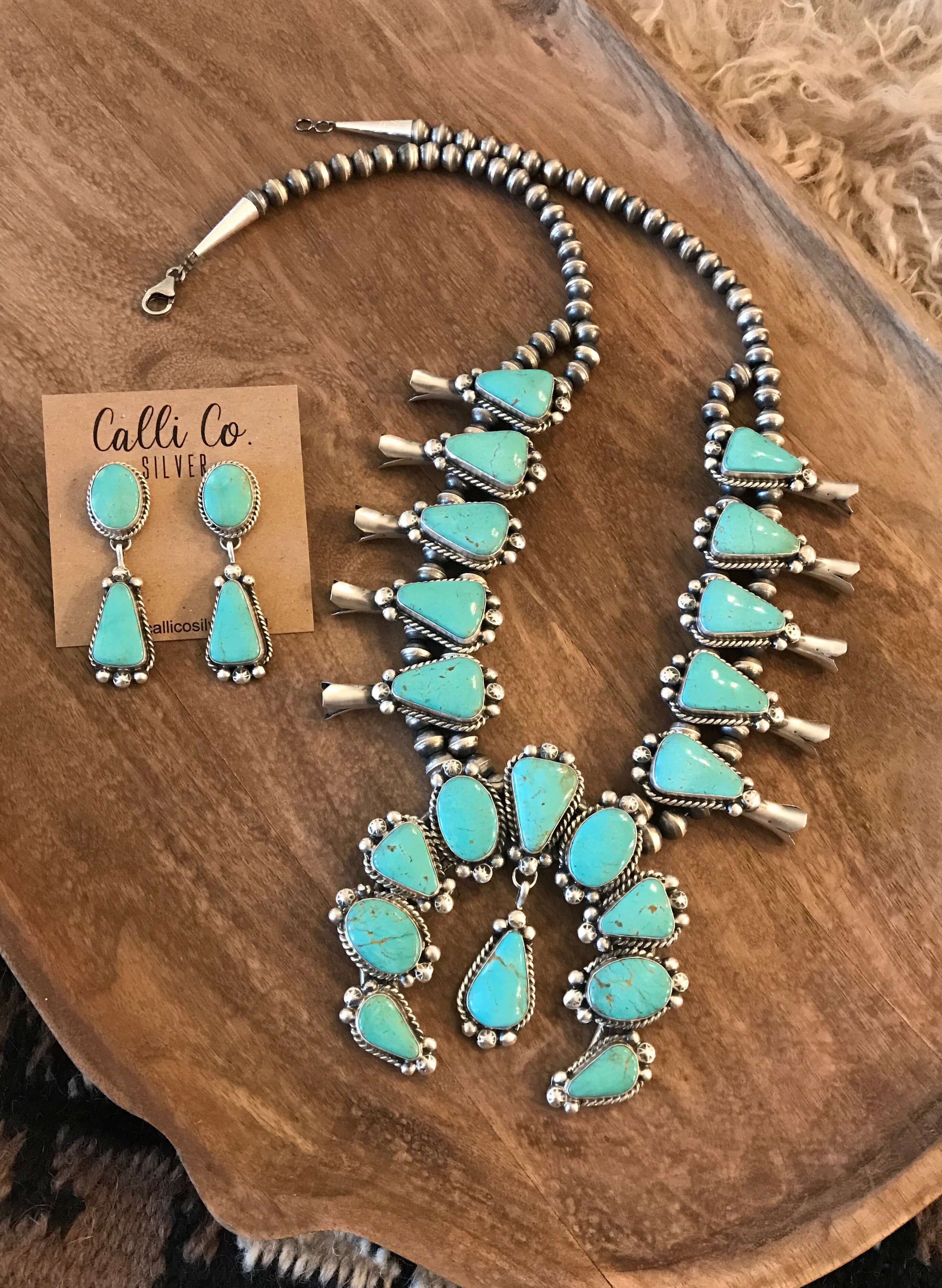 The Canyon Turquoise Squash Blossom Necklace Set-Necklaces-Calli Co., Turquoise and Silver Jewelry, Native American Handmade, Zuni Tribe, Navajo Tribe, Brock Texas