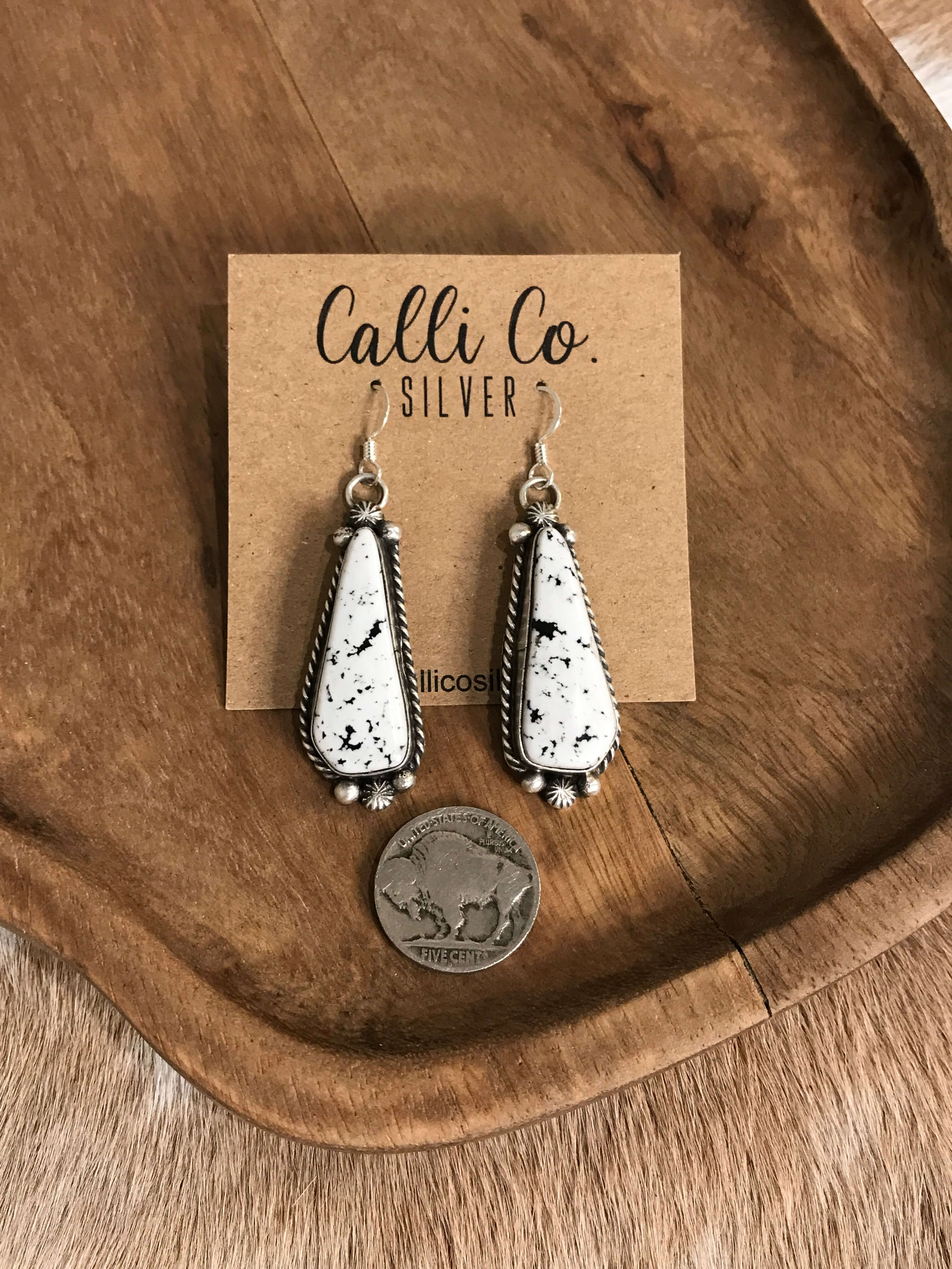 The White Buffalo Dangles, 1-Earrings-Calli Co., Turquoise and Silver Jewelry, Native American Handmade, Zuni Tribe, Navajo Tribe, Brock Texas