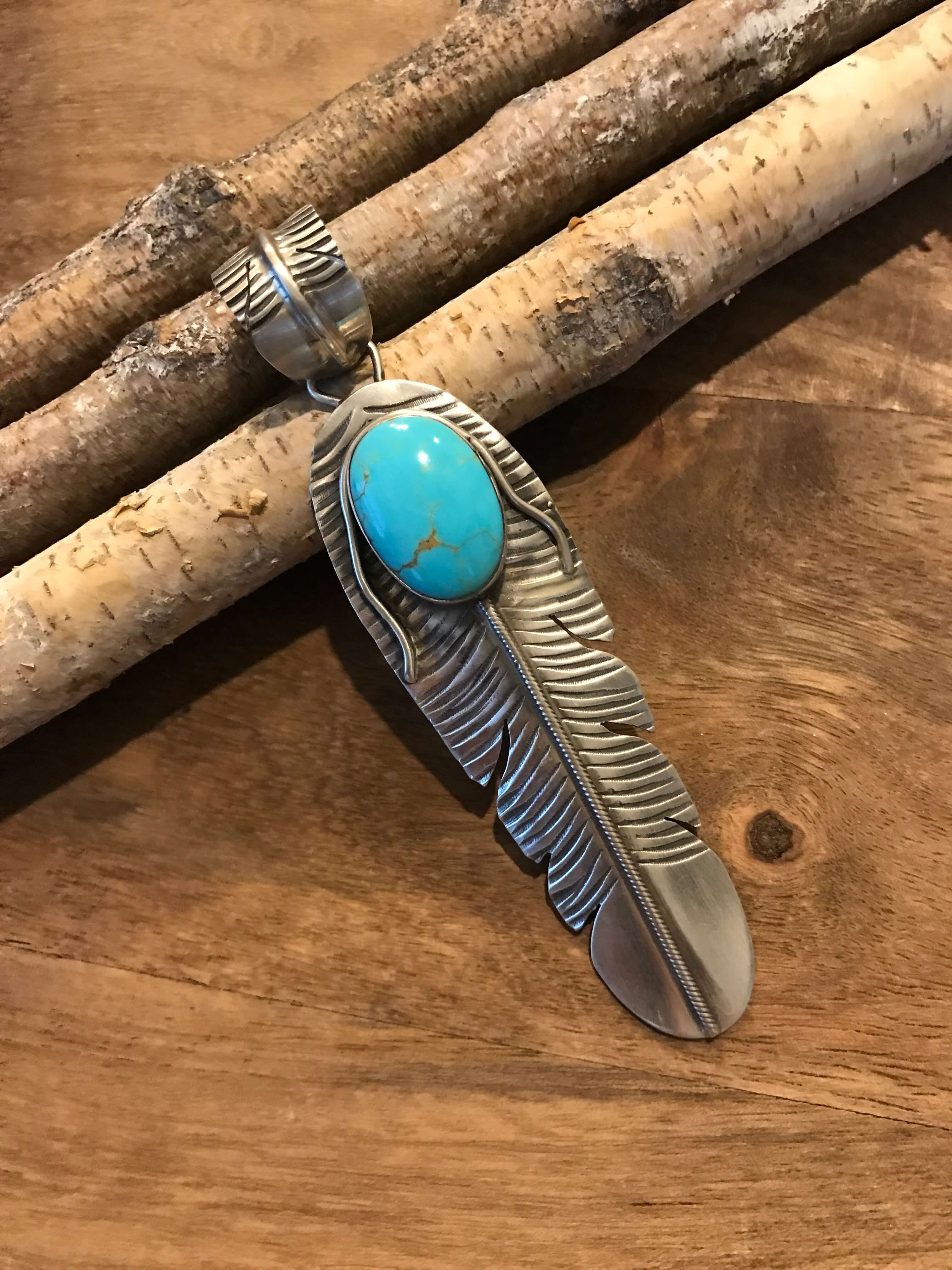 The Turquoise Feather Pendant, 4-Pendants-Calli Co., Turquoise and Silver Jewelry, Native American Handmade, Zuni Tribe, Navajo Tribe, Brock Texas