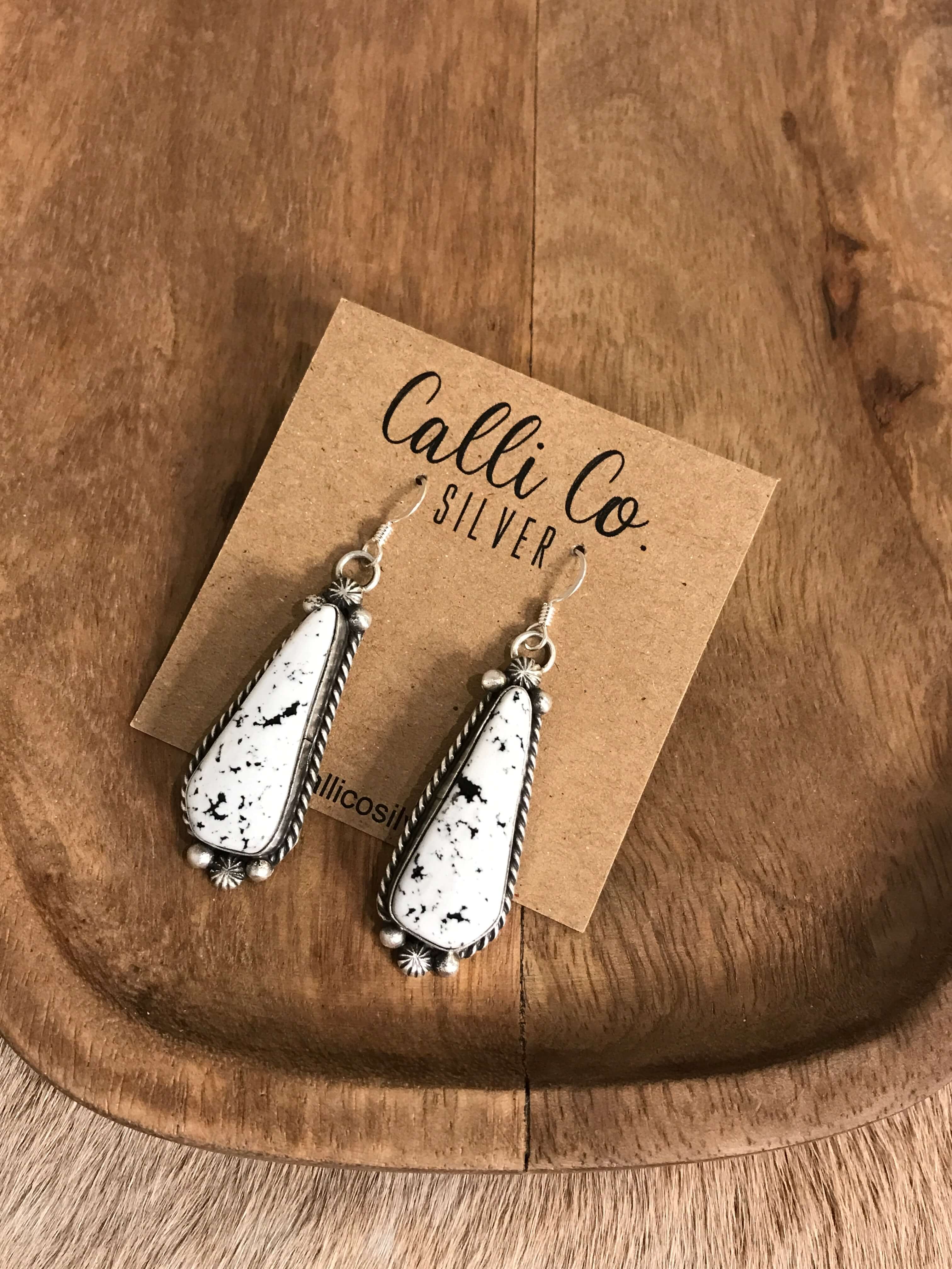 The White Buffalo Dangles, 1-Earrings-Calli Co., Turquoise and Silver Jewelry, Native American Handmade, Zuni Tribe, Navajo Tribe, Brock Texas