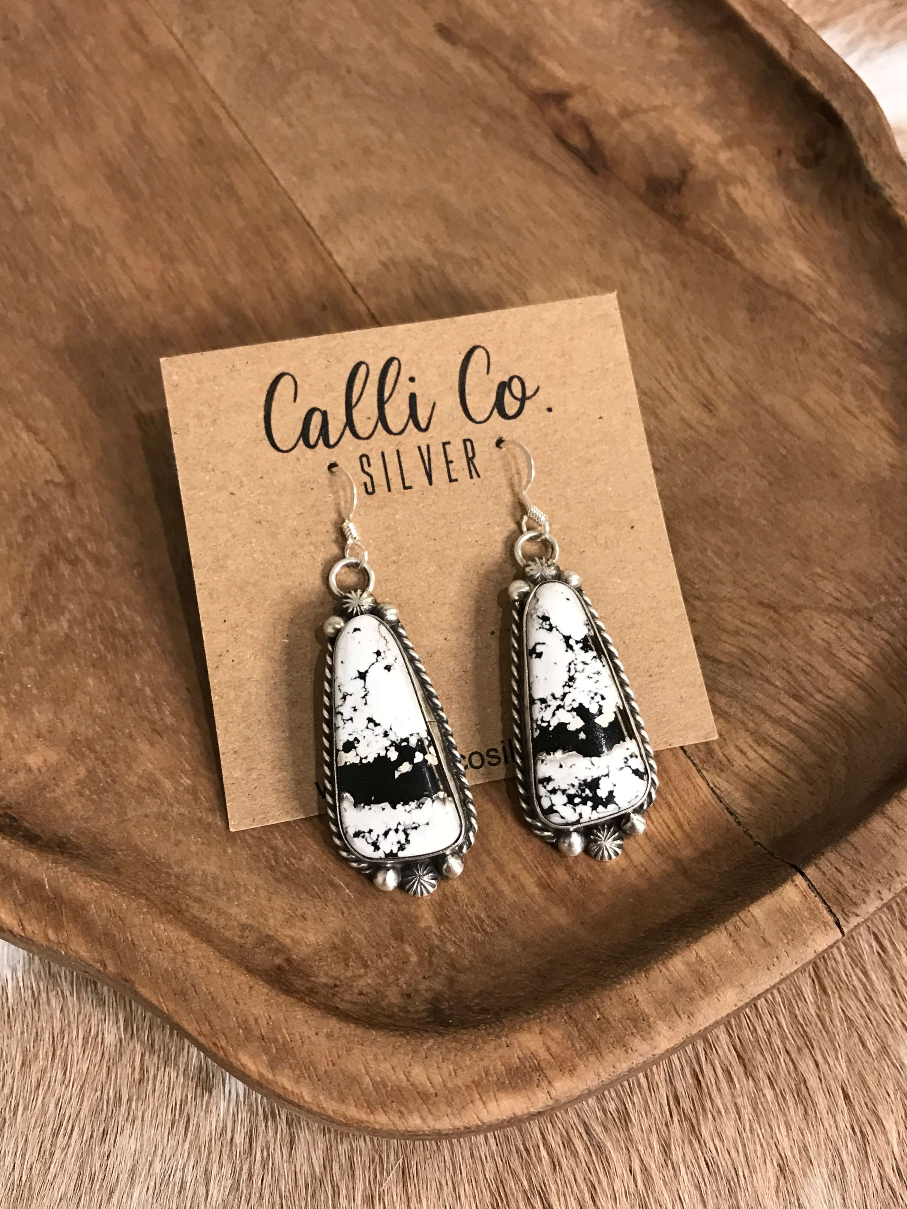 The White Buffalo Dangles, 2-Earrings-Calli Co., Turquoise and Silver Jewelry, Native American Handmade, Zuni Tribe, Navajo Tribe, Brock Texas