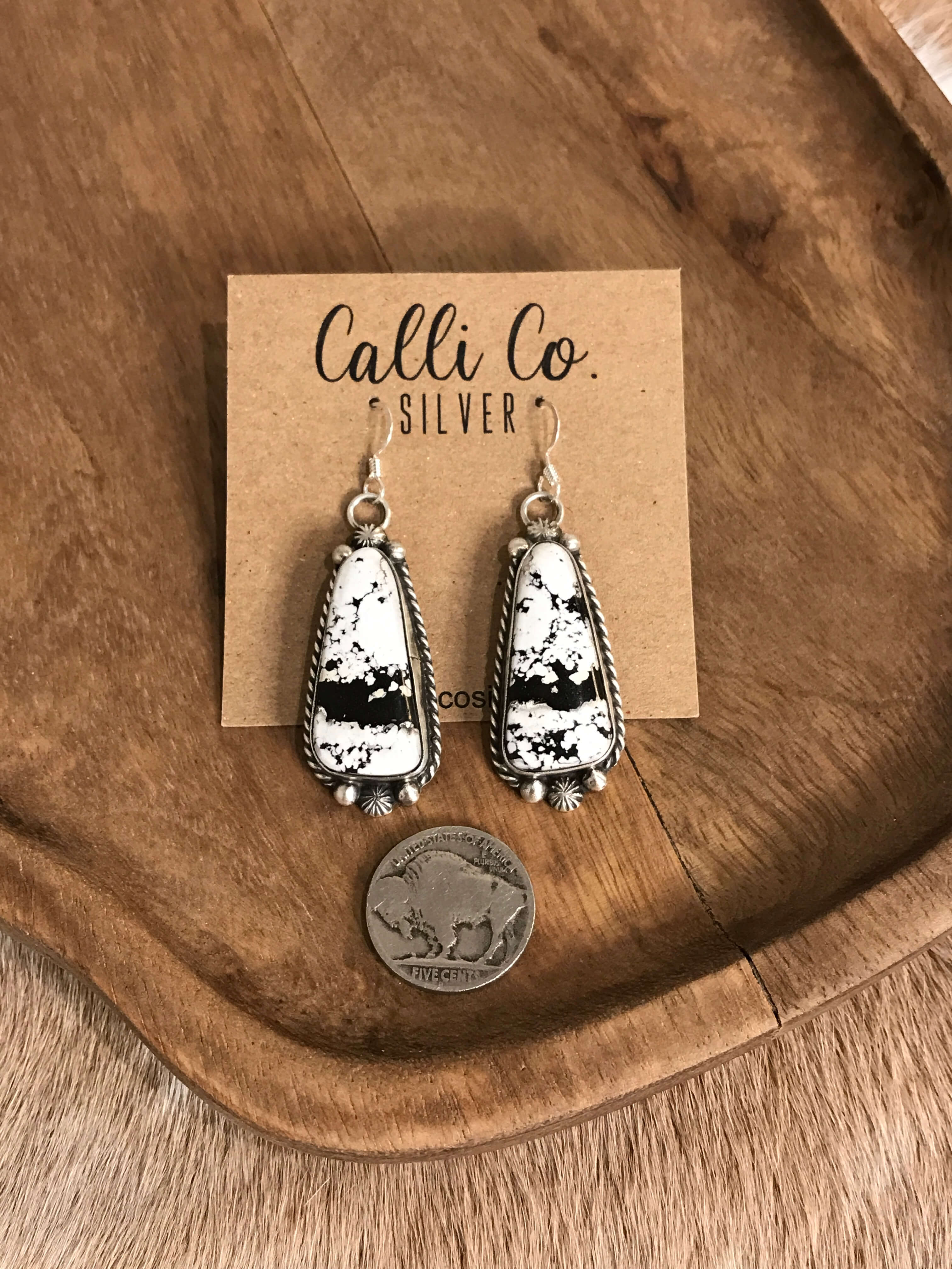 The White Buffalo Dangles, 2-Earrings-Calli Co., Turquoise and Silver Jewelry, Native American Handmade, Zuni Tribe, Navajo Tribe, Brock Texas