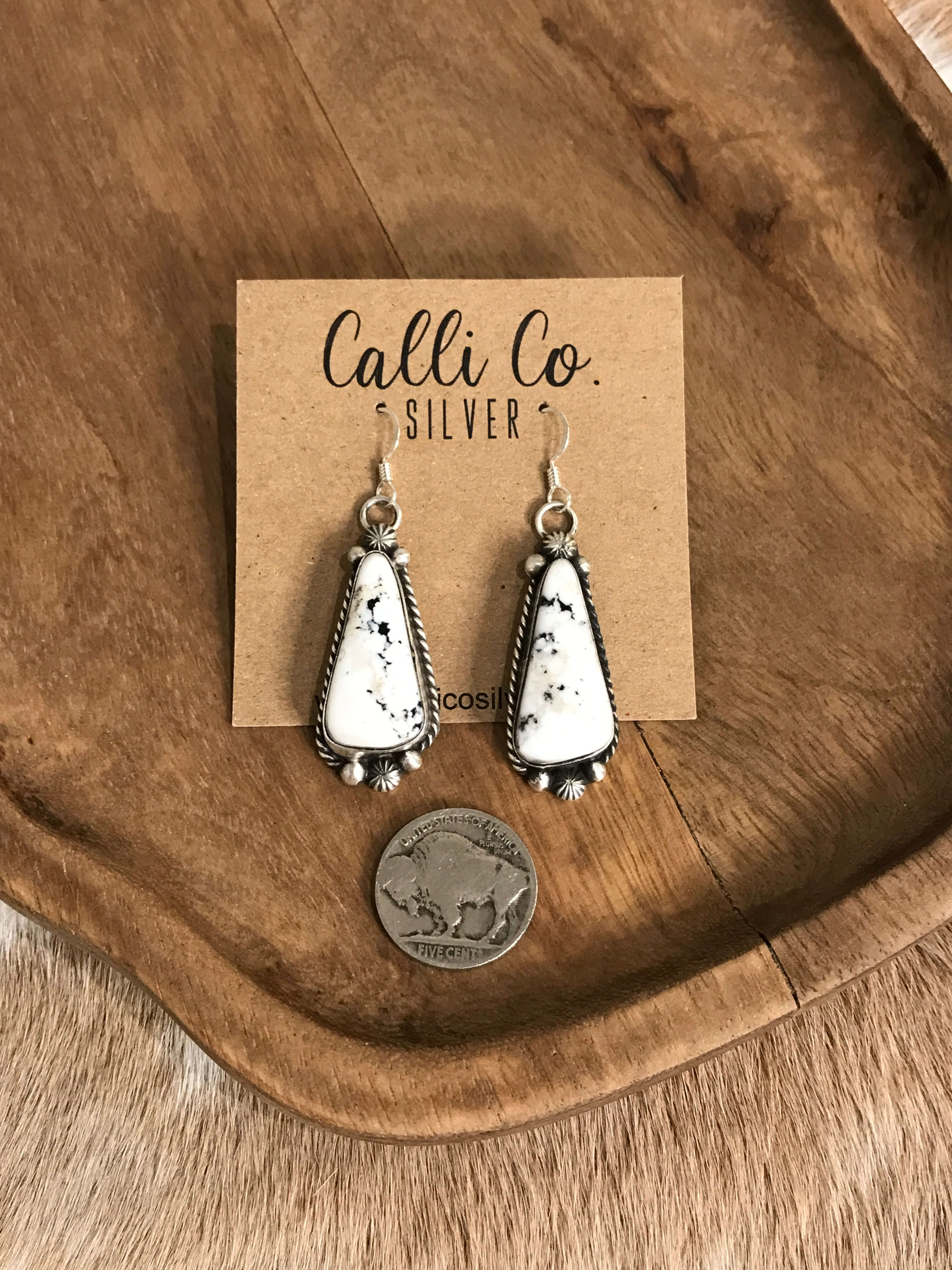 The White Buffalo Dangles, 3-Earrings-Calli Co., Turquoise and Silver Jewelry, Native American Handmade, Zuni Tribe, Navajo Tribe, Brock Texas