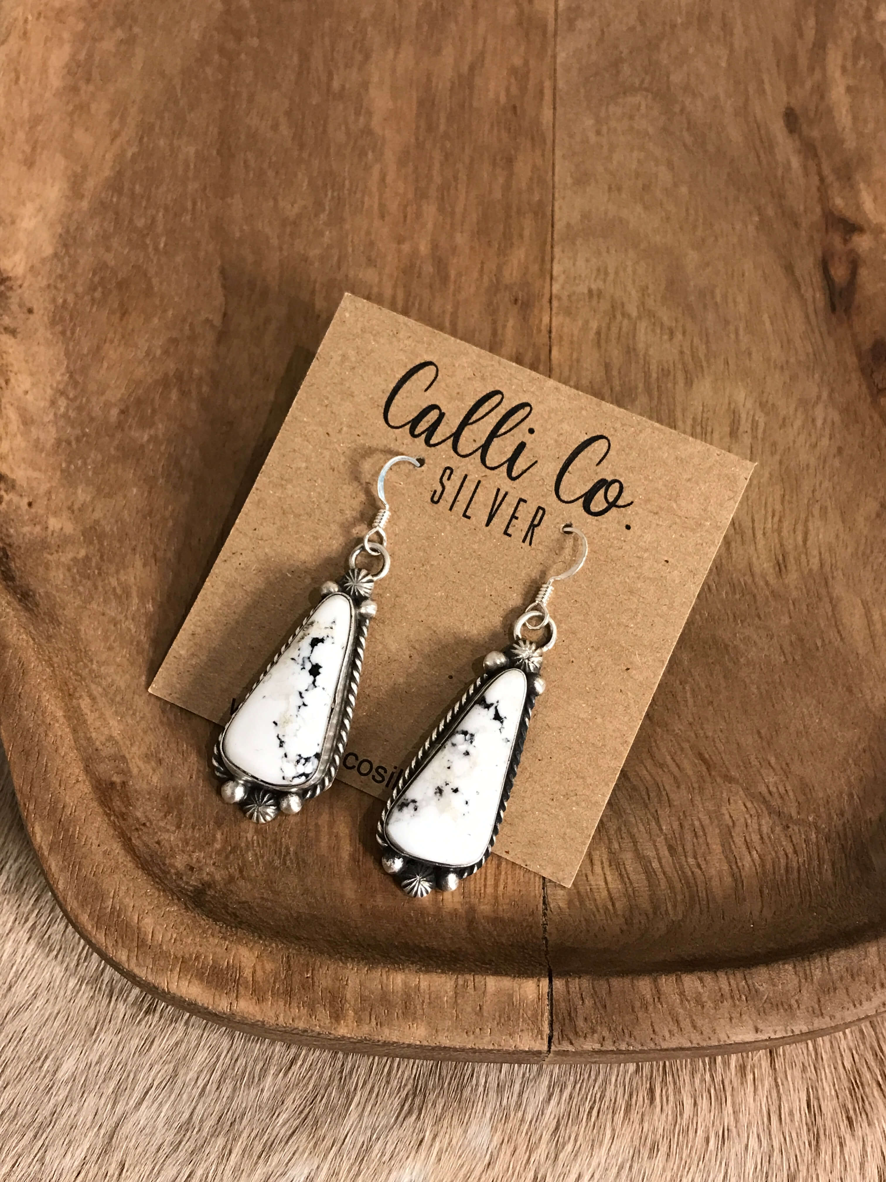 The White Buffalo Dangles, 3-Earrings-Calli Co., Turquoise and Silver Jewelry, Native American Handmade, Zuni Tribe, Navajo Tribe, Brock Texas