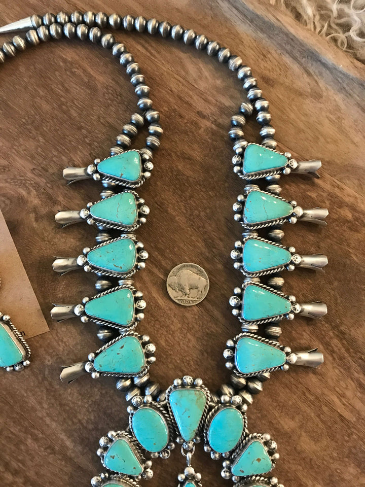 The Canyon Turquoise Squash Blossom Necklace Set-Necklaces-Calli Co., Turquoise and Silver Jewelry, Native American Handmade, Zuni Tribe, Navajo Tribe, Brock Texas