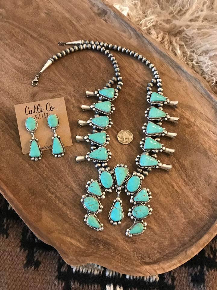 The Canyon Turquoise Squash Blossom Necklace Set-Necklaces-Calli Co., Turquoise and Silver Jewelry, Native American Handmade, Zuni Tribe, Navajo Tribe, Brock Texas
