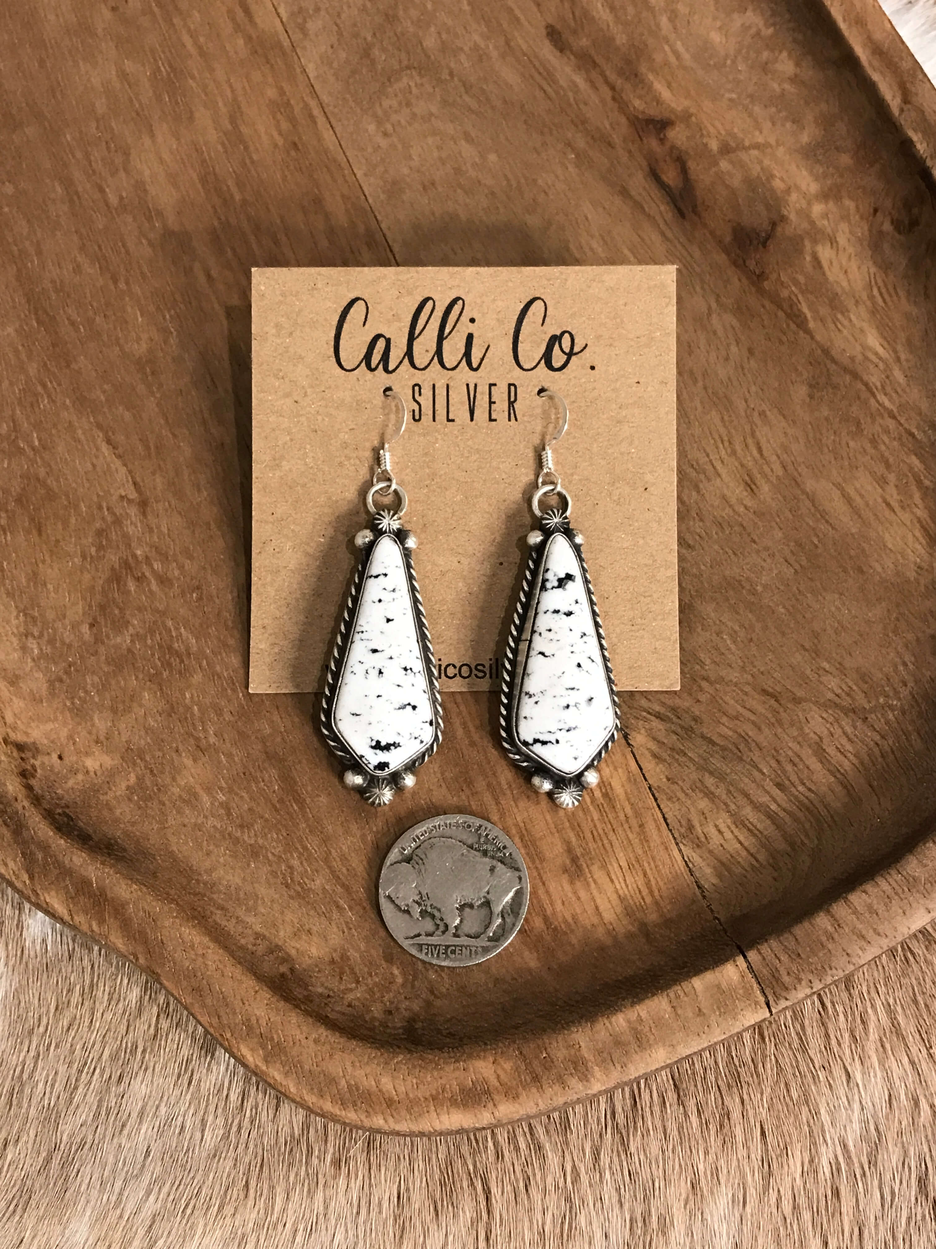 The White Buffalo Dangles, 5-Earrings-Calli Co., Turquoise and Silver Jewelry, Native American Handmade, Zuni Tribe, Navajo Tribe, Brock Texas