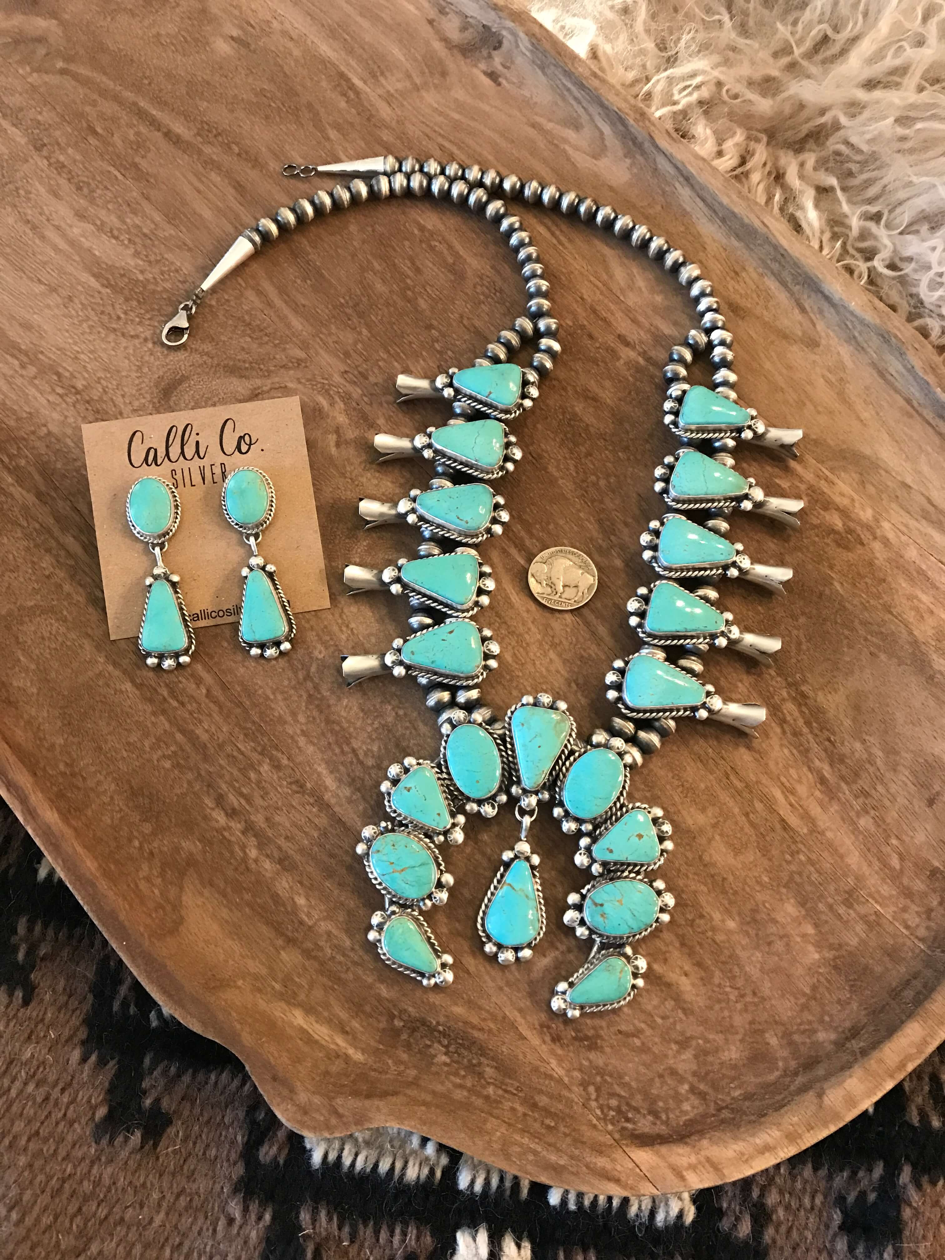 The Canyon Turquoise Squash Blossom Necklace Set-Necklaces-Calli Co., Turquoise and Silver Jewelry, Native American Handmade, Zuni Tribe, Navajo Tribe, Brock Texas