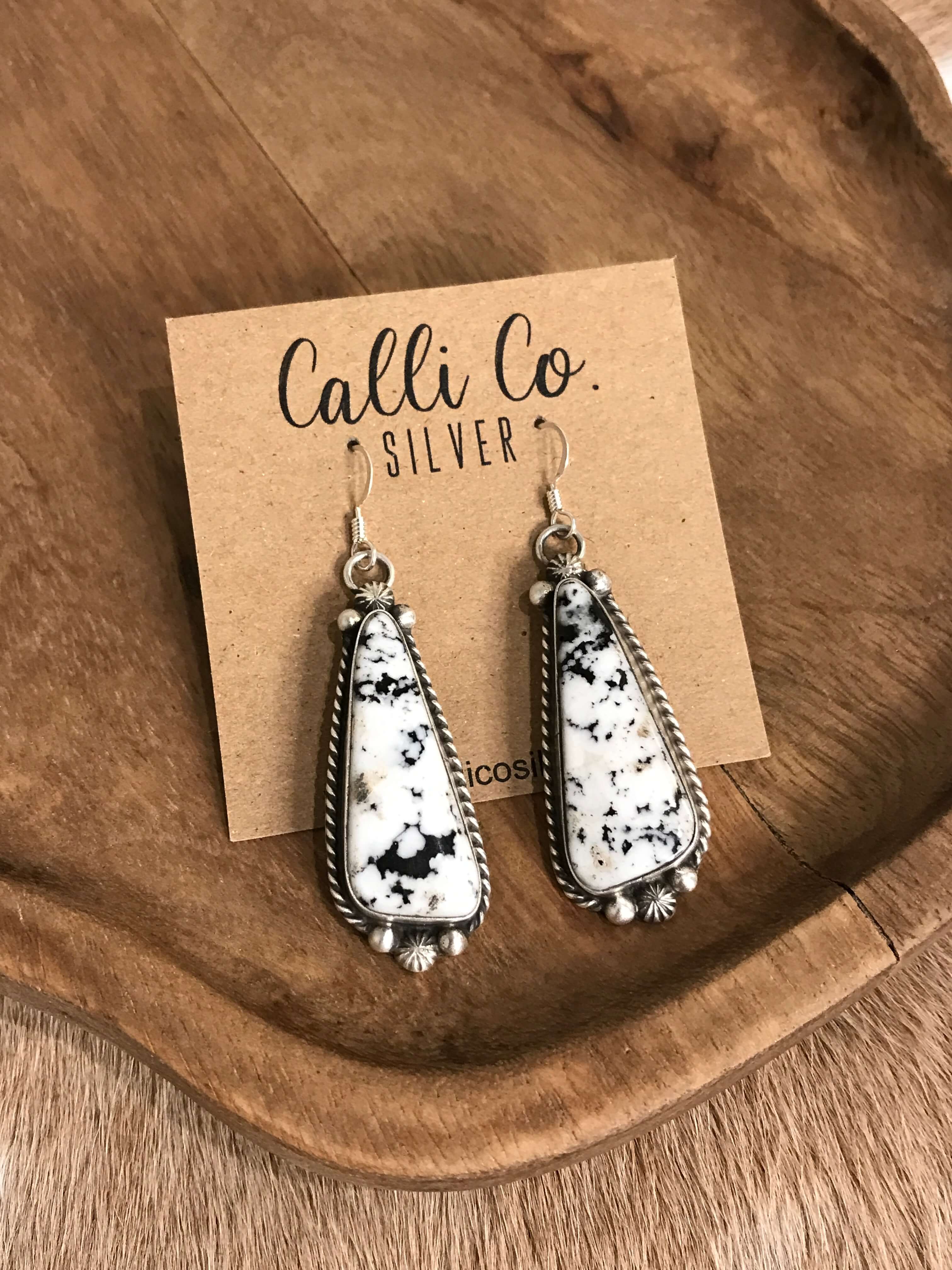 The White Buffalo Dangles, 6-Earrings-Calli Co., Turquoise and Silver Jewelry, Native American Handmade, Zuni Tribe, Navajo Tribe, Brock Texas