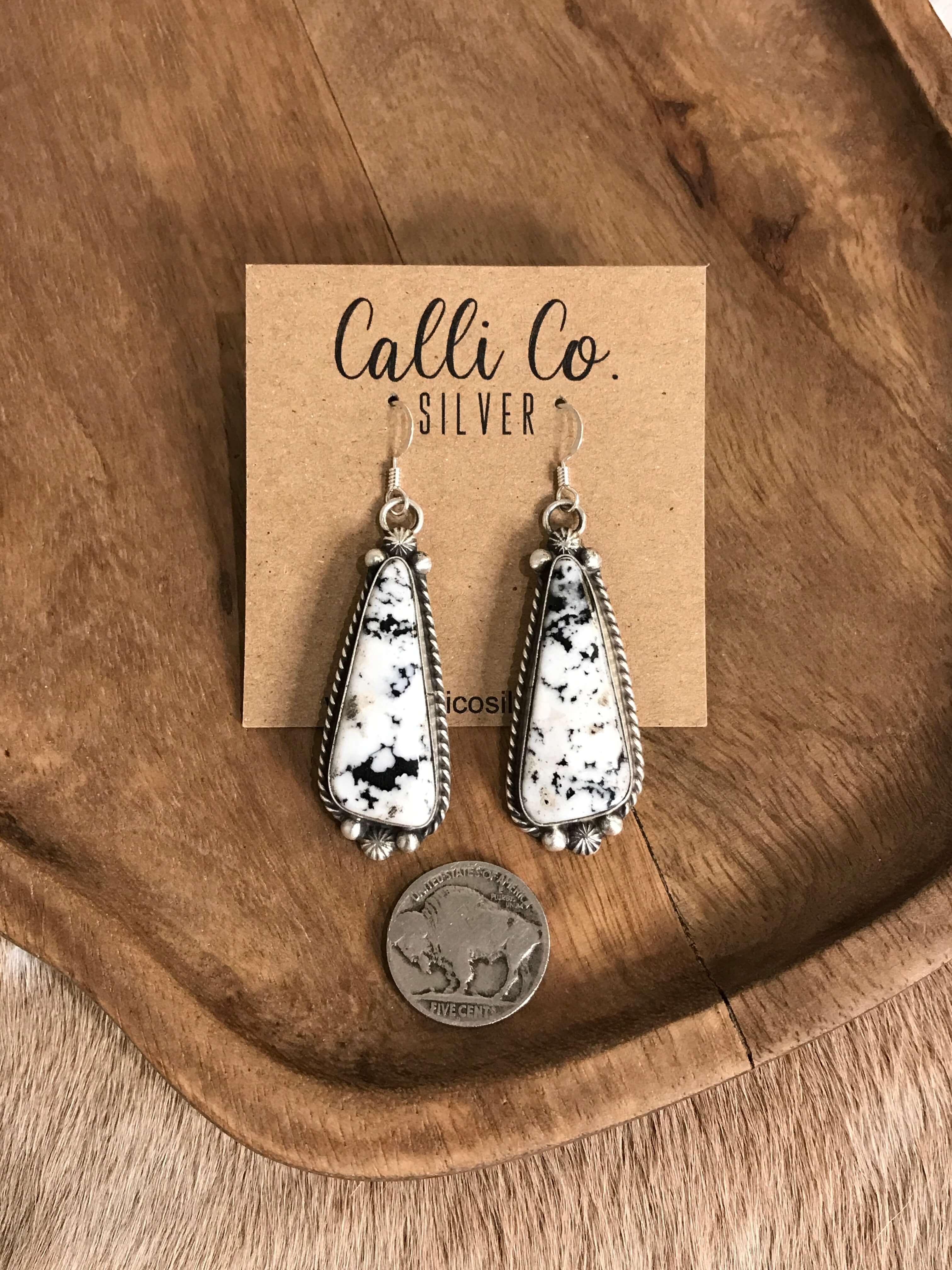 The White Buffalo Dangles, 6-Earrings-Calli Co., Turquoise and Silver Jewelry, Native American Handmade, Zuni Tribe, Navajo Tribe, Brock Texas