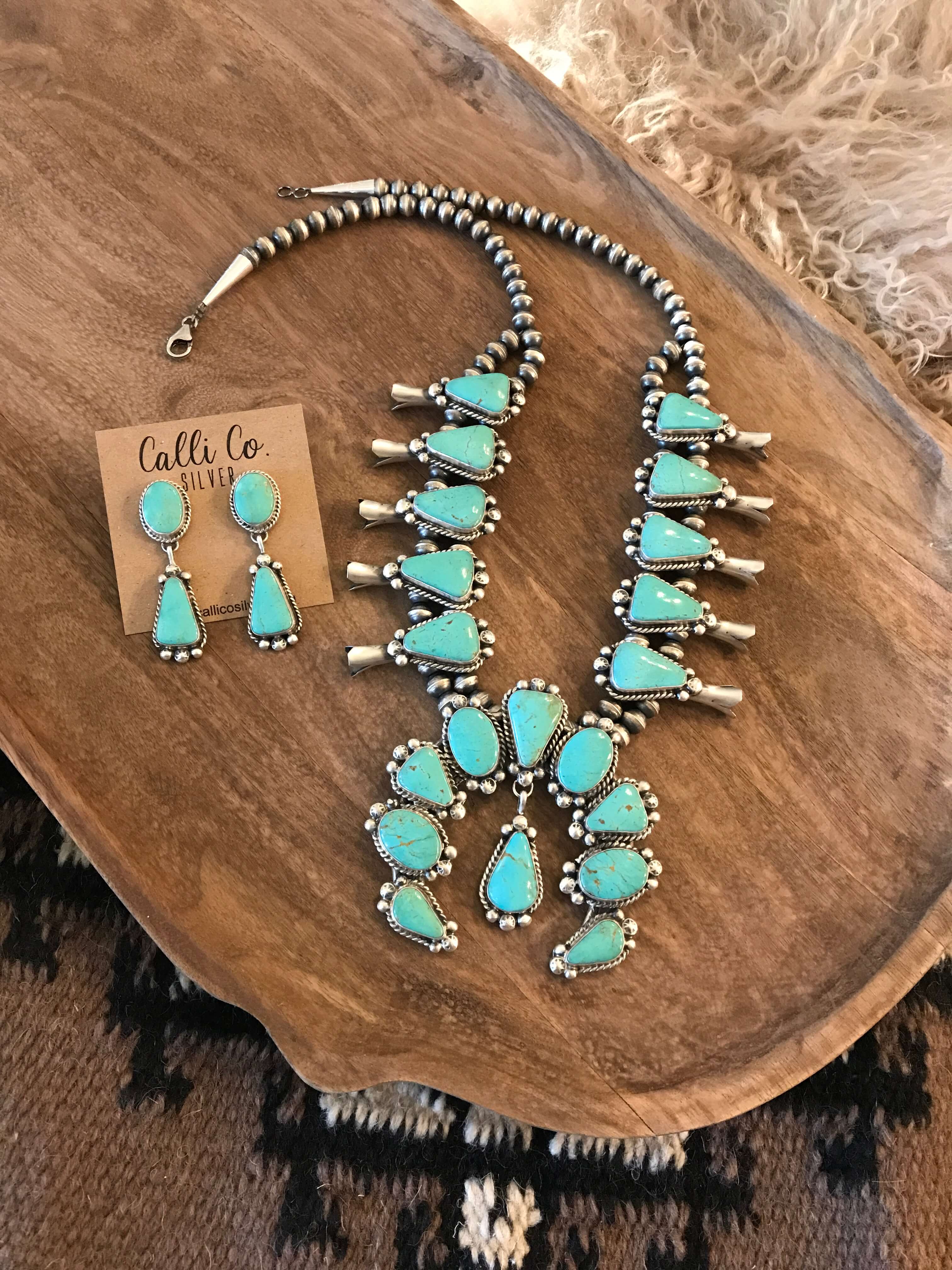 The Canyon Turquoise Squash Blossom Necklace Set-Necklaces-Calli Co., Turquoise and Silver Jewelry, Native American Handmade, Zuni Tribe, Navajo Tribe, Brock Texas