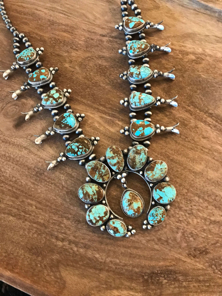 The Colt Turquoise Squash Blossom Necklace Set-Necklaces-Calli Co., Turquoise and Silver Jewelry, Native American Handmade, Zuni Tribe, Navajo Tribe, Brock Texas