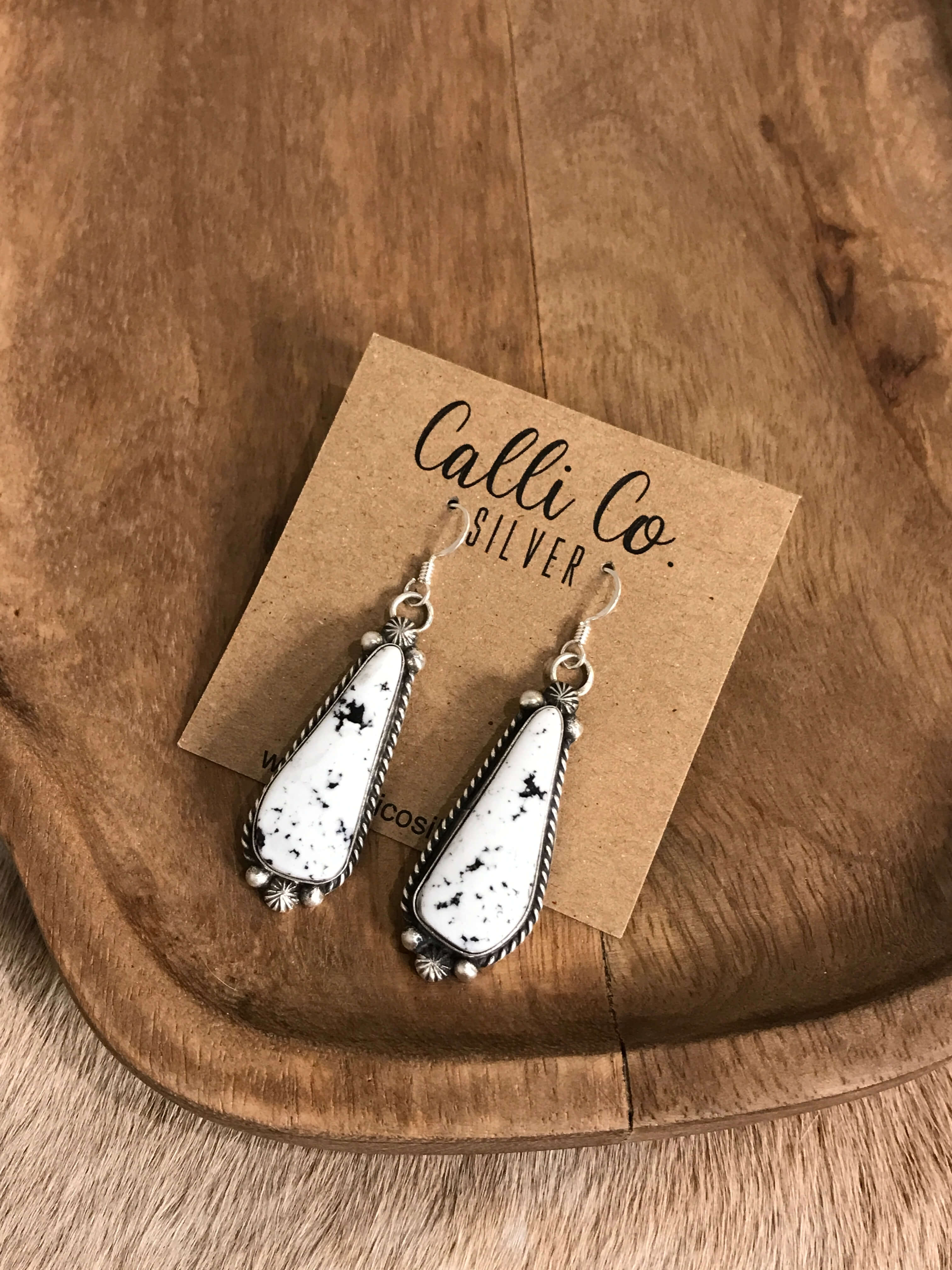 The White Buffalo Dangles, 7-Earrings-Calli Co., Turquoise and Silver Jewelry, Native American Handmade, Zuni Tribe, Navajo Tribe, Brock Texas