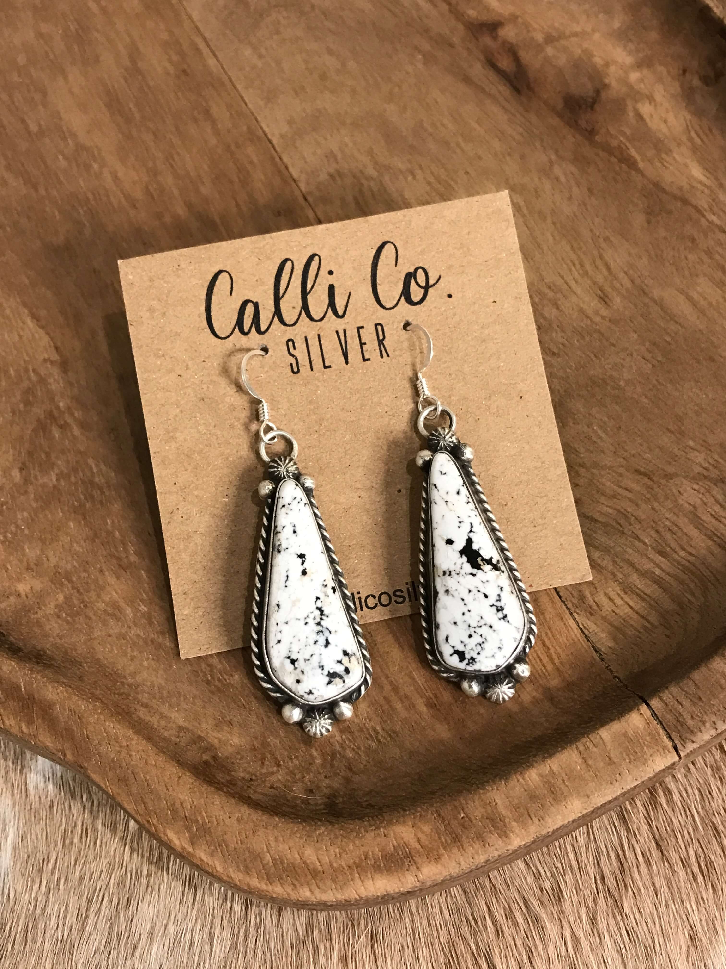 The White Buffalo Dangles, 8-Earrings-Calli Co., Turquoise and Silver Jewelry, Native American Handmade, Zuni Tribe, Navajo Tribe, Brock Texas