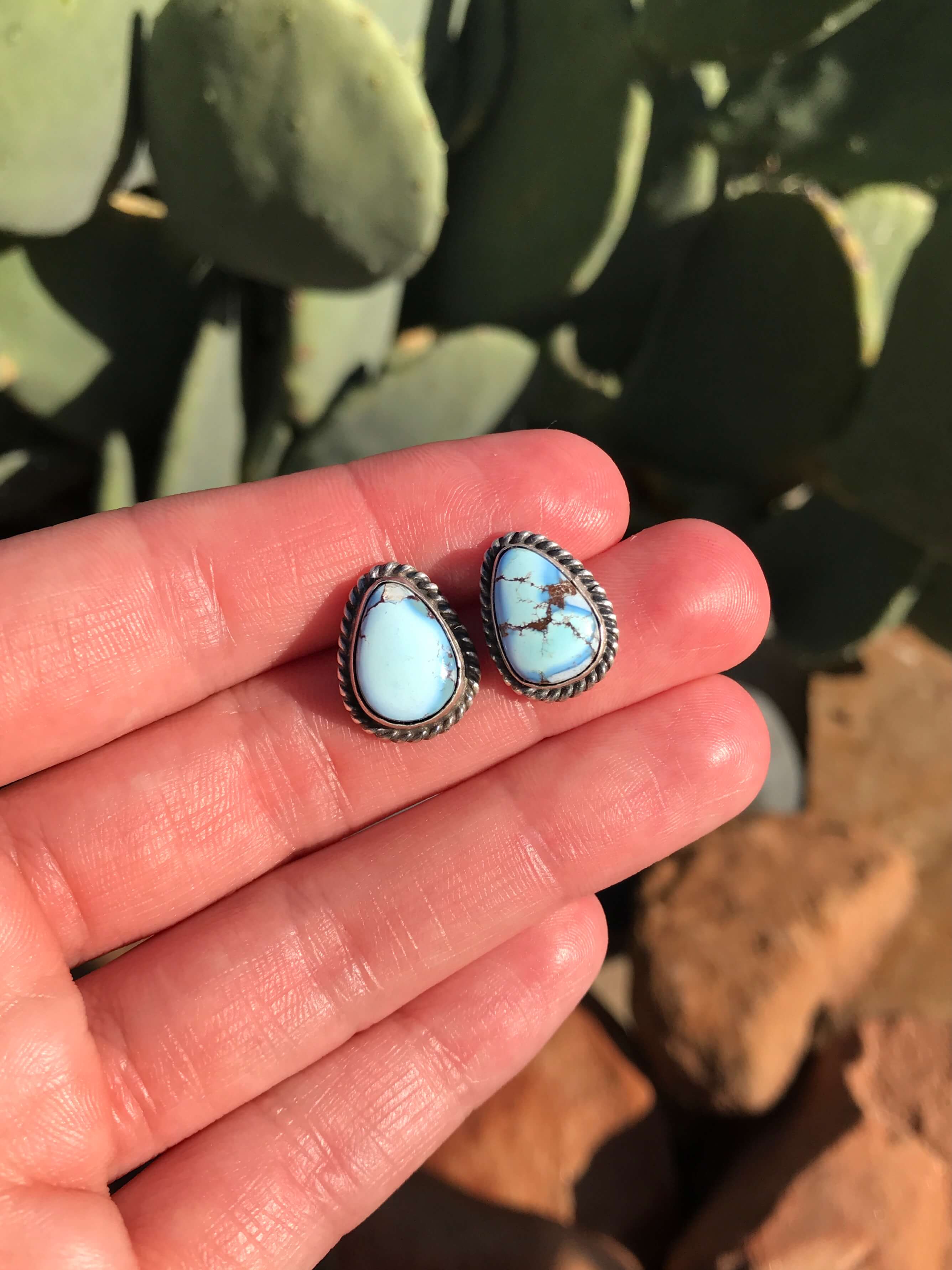 The Golden Hills Studs, 21xx-Earrings-Calli Co., Turquoise and Silver Jewelry, Native American Handmade, Zuni Tribe, Navajo Tribe, Brock Texas