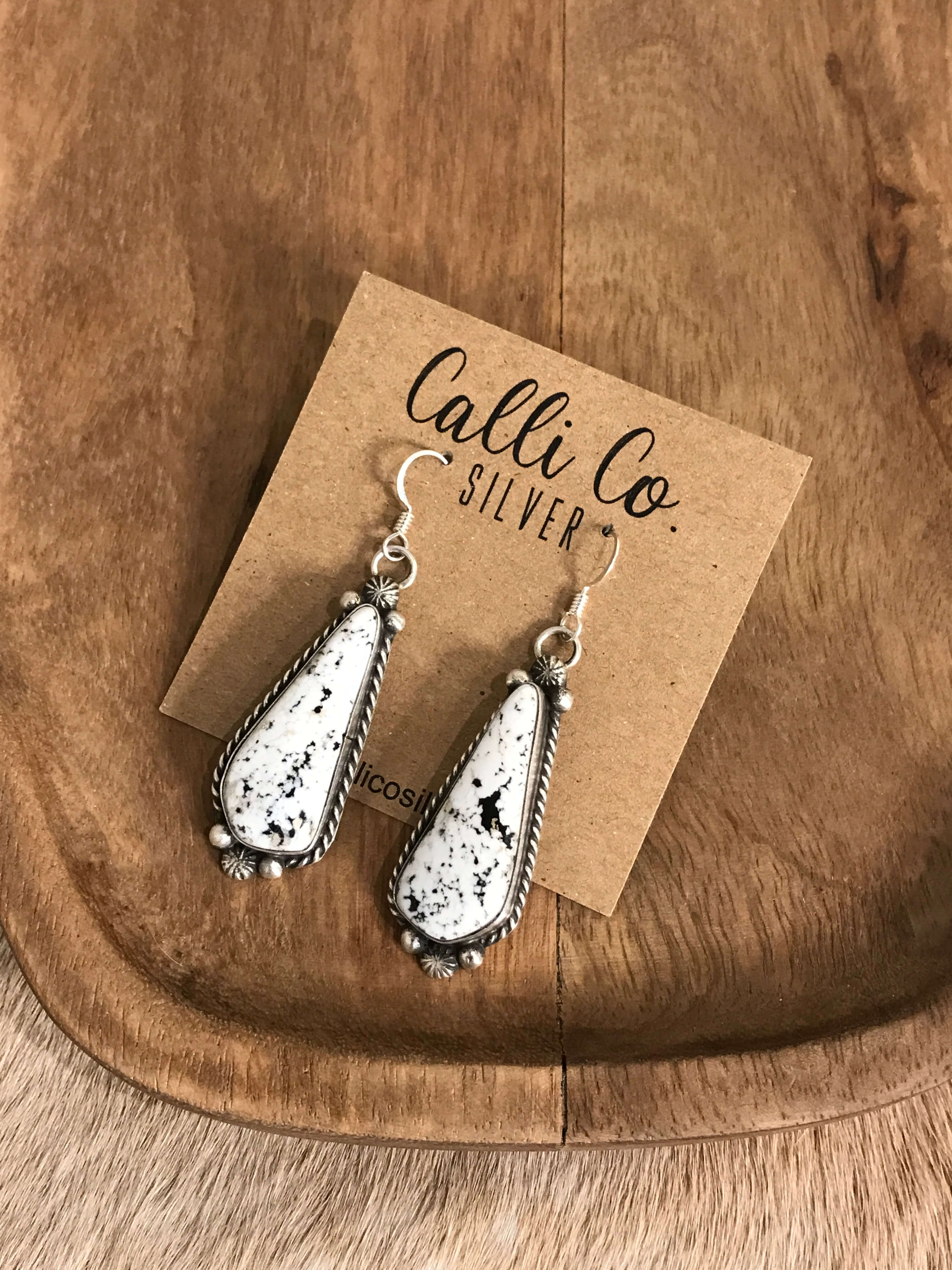 The White Buffalo Dangles, 8-Earrings-Calli Co., Turquoise and Silver Jewelry, Native American Handmade, Zuni Tribe, Navajo Tribe, Brock Texas
