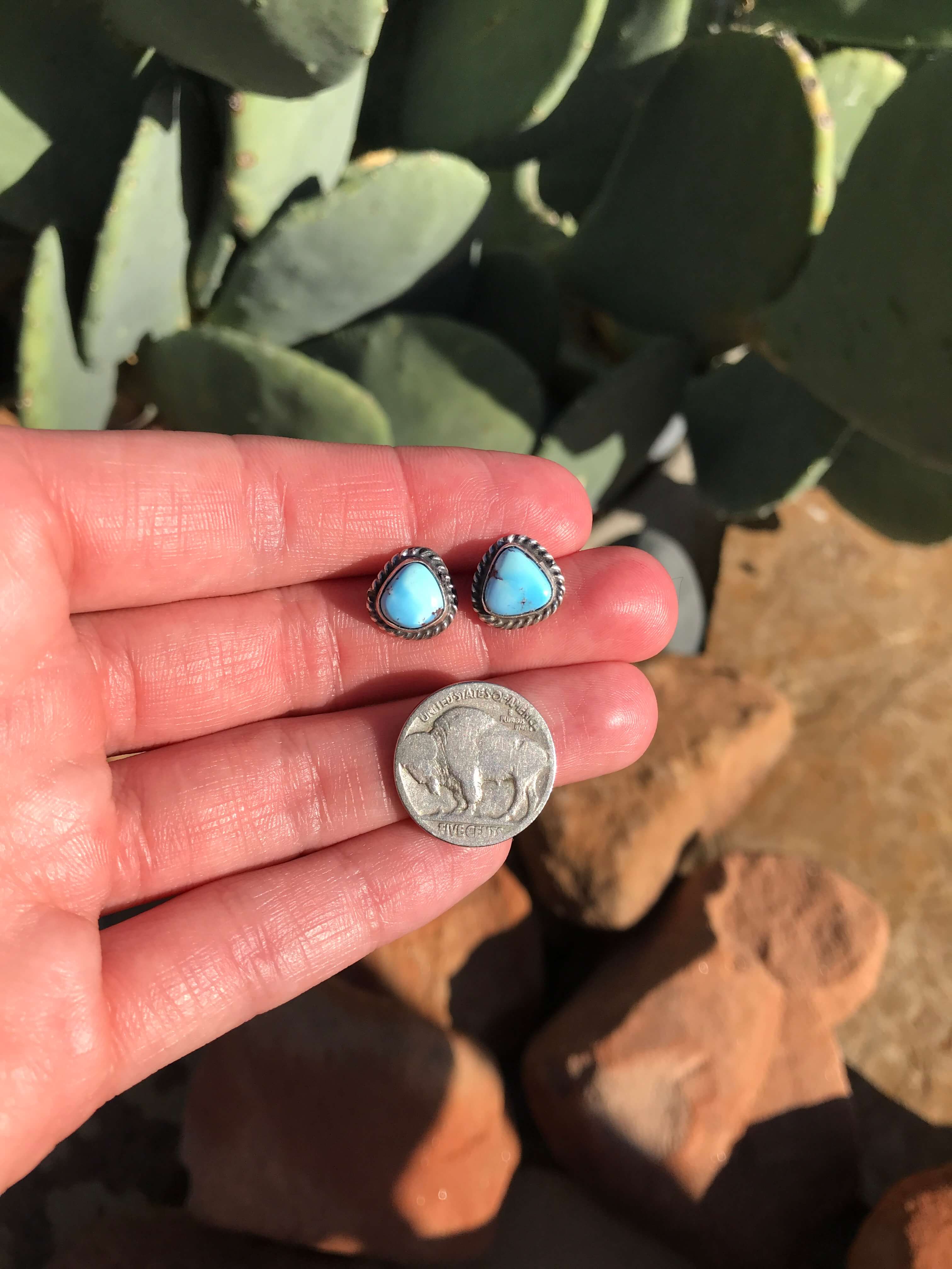 The Golden Hills Studs, 3-Earrings-Calli Co., Turquoise and Silver Jewelry, Native American Handmade, Zuni Tribe, Navajo Tribe, Brock Texas