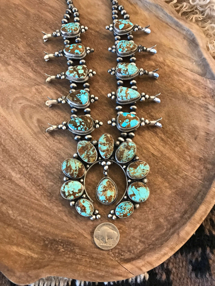 The Colt Turquoise Squash Blossom Necklace Set-Necklaces-Calli Co., Turquoise and Silver Jewelry, Native American Handmade, Zuni Tribe, Navajo Tribe, Brock Texas