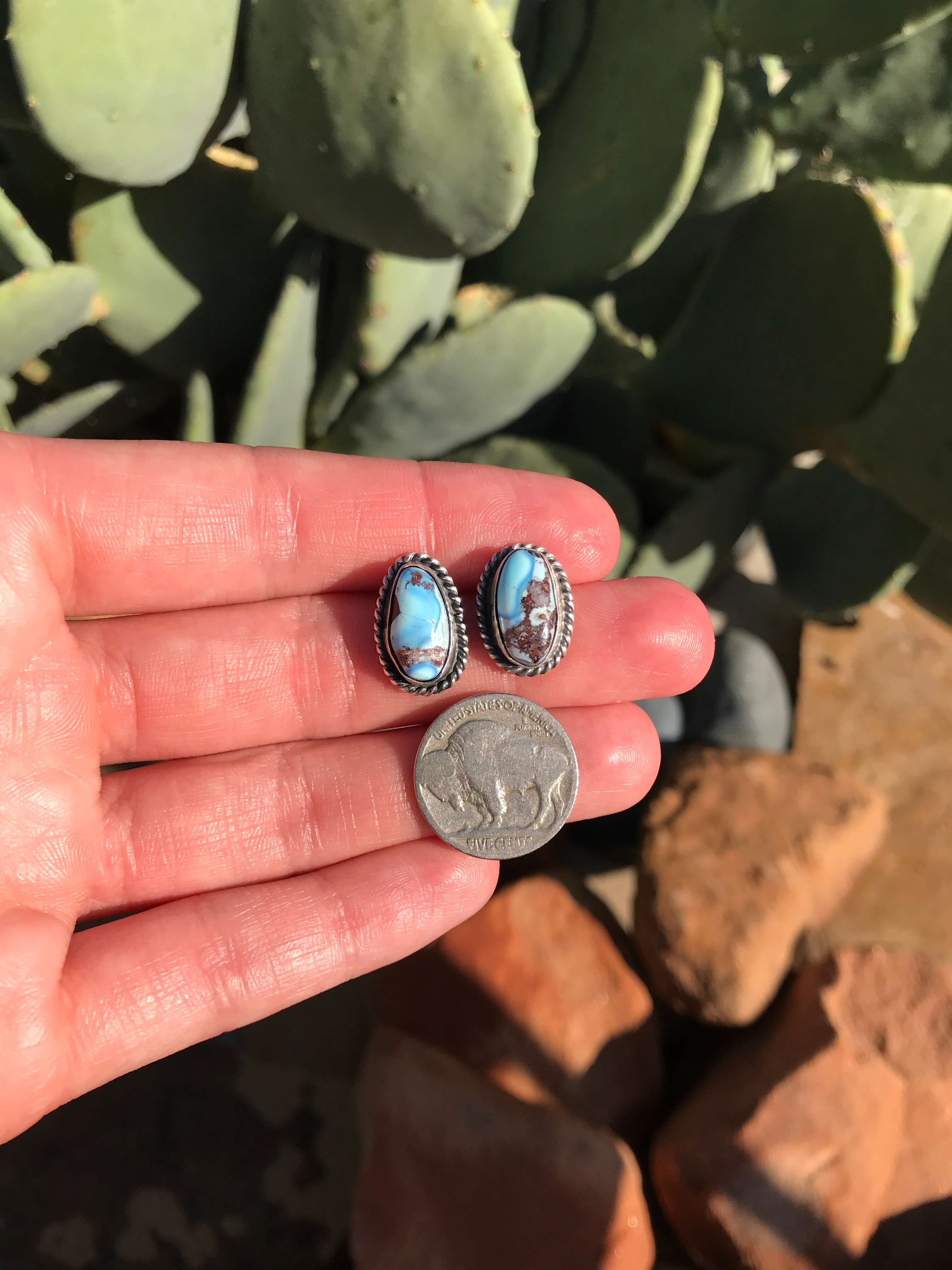 The Golden Hills Studs, 16-Earrings-Calli Co., Turquoise and Silver Jewelry, Native American Handmade, Zuni Tribe, Navajo Tribe, Brock Texas