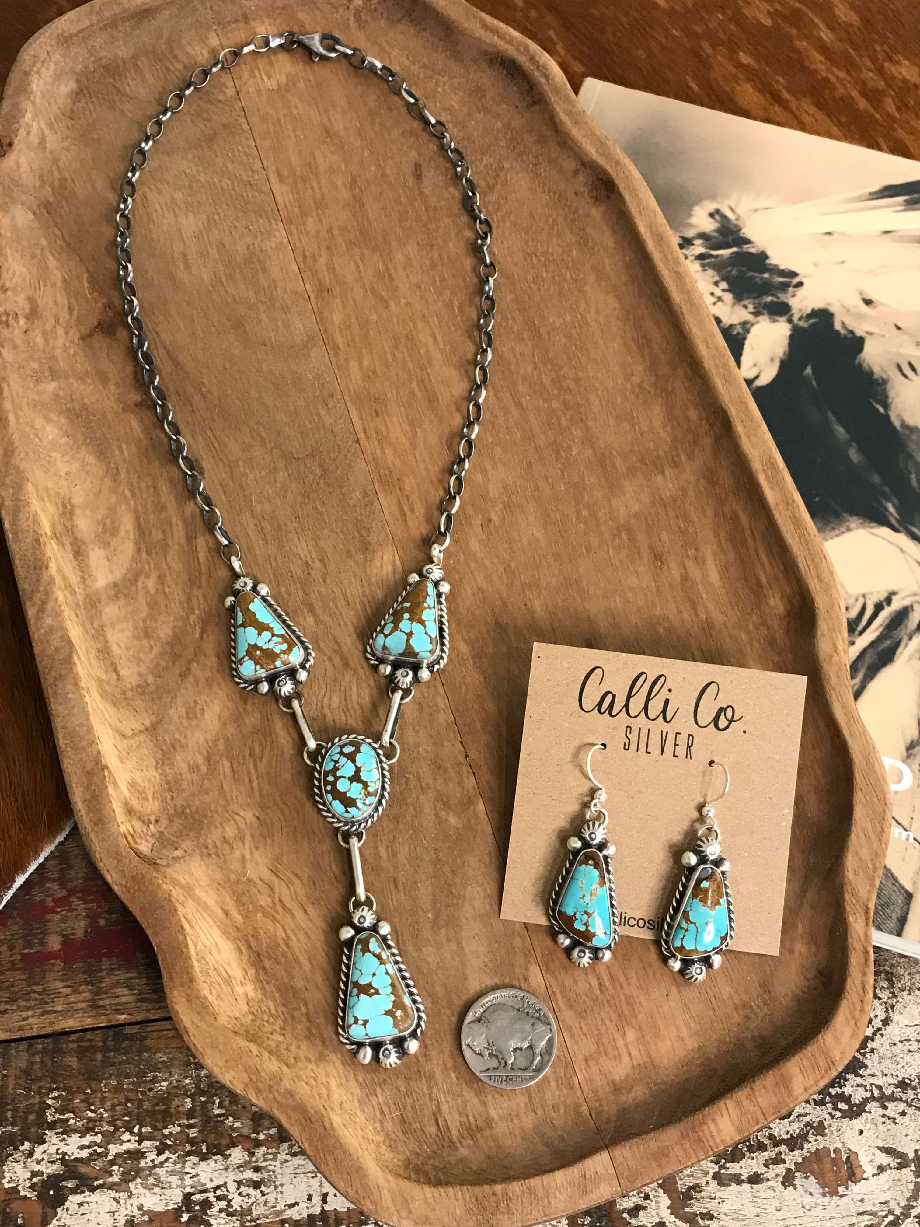 The Barzos Lariat Necklace Set-Necklaces-Calli Co., Turquoise and Silver Jewelry, Native American Handmade, Zuni Tribe, Navajo Tribe, Brock Texas