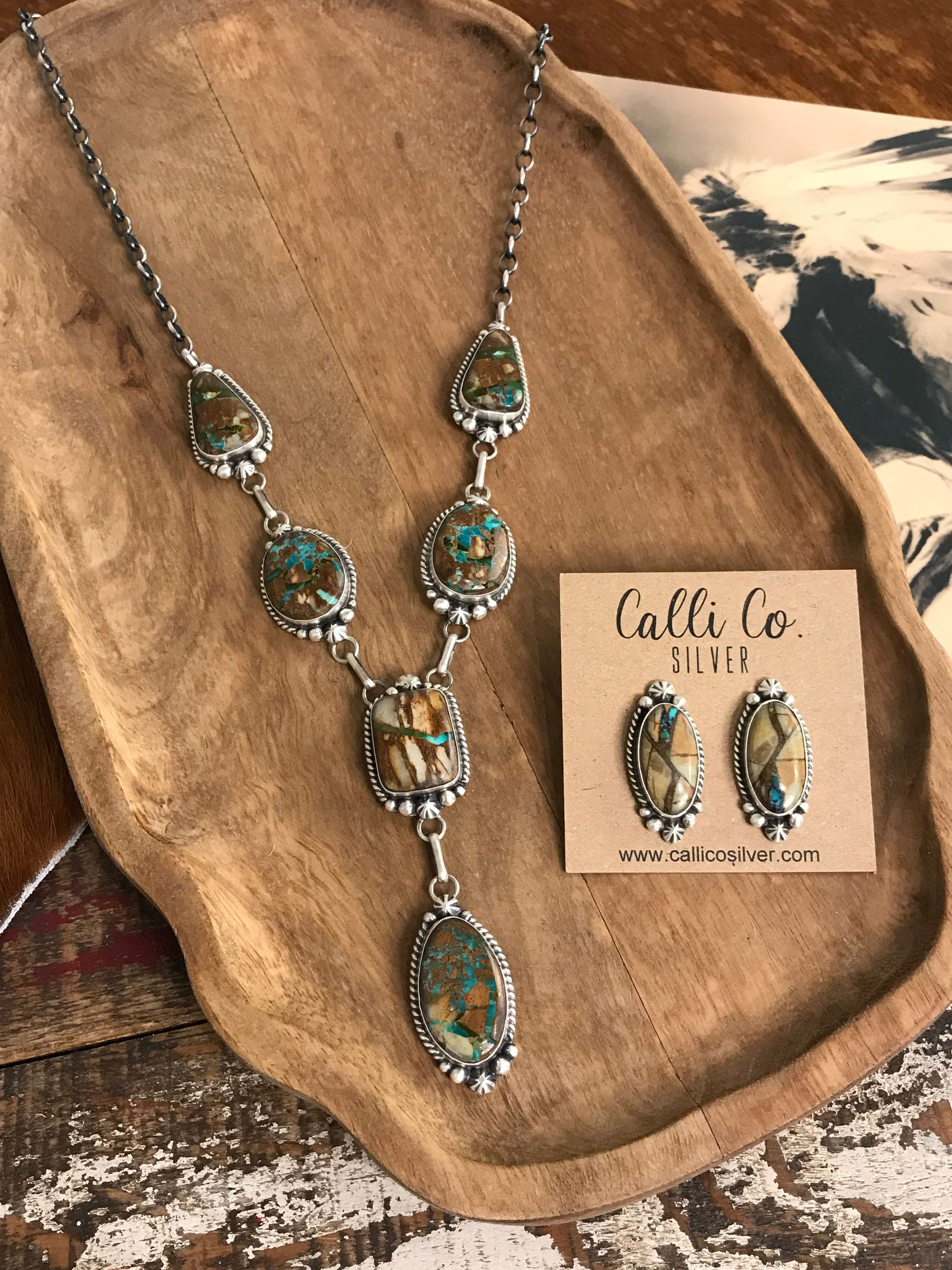 The Hartley Lariat Necklace Set-Necklaces-Calli Co., Turquoise and Silver Jewelry, Native American Handmade, Zuni Tribe, Navajo Tribe, Brock Texas
