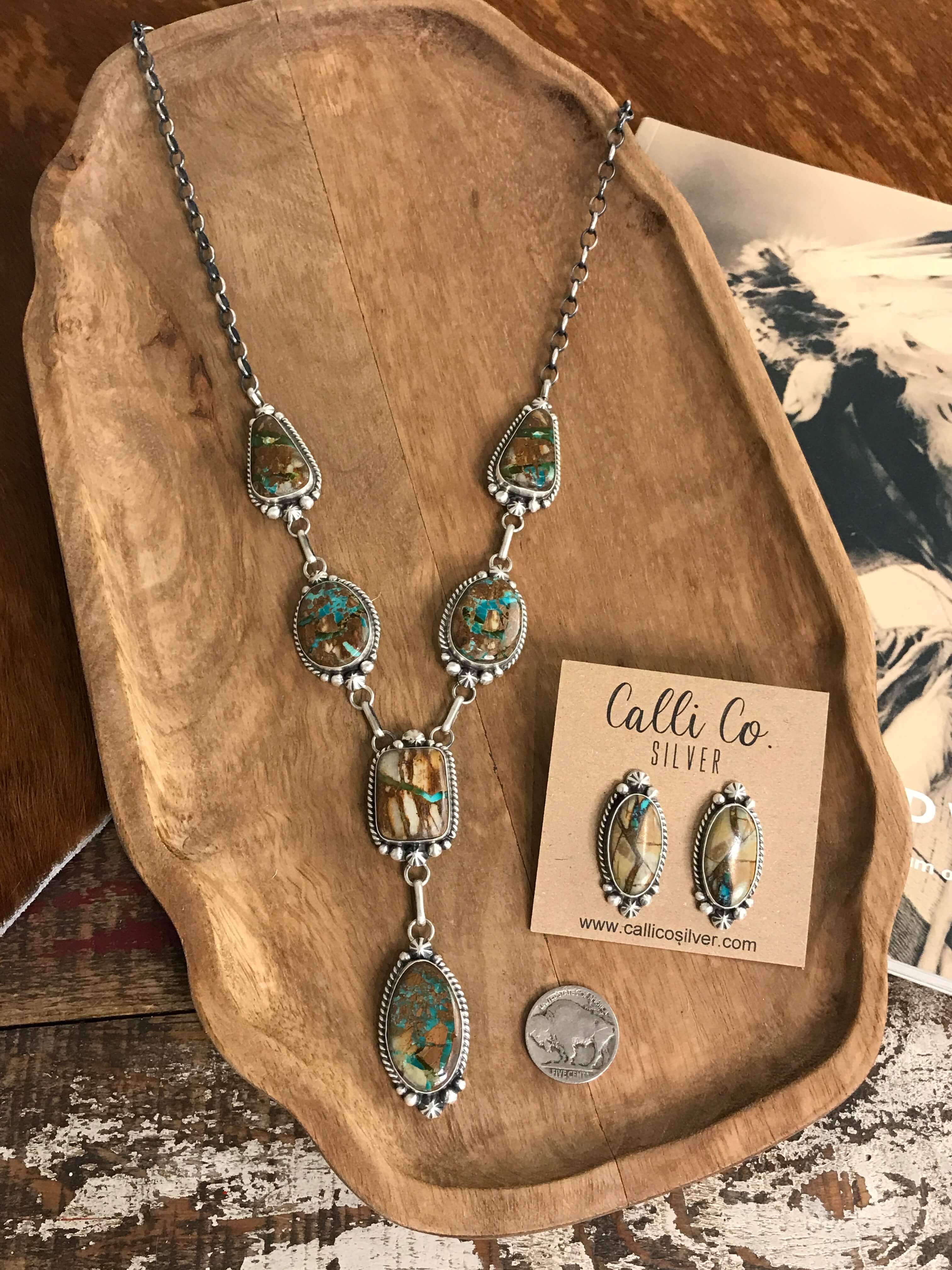 The Hartley Lariat Necklace Set-Necklaces-Calli Co., Turquoise and Silver Jewelry, Native American Handmade, Zuni Tribe, Navajo Tribe, Brock Texas
