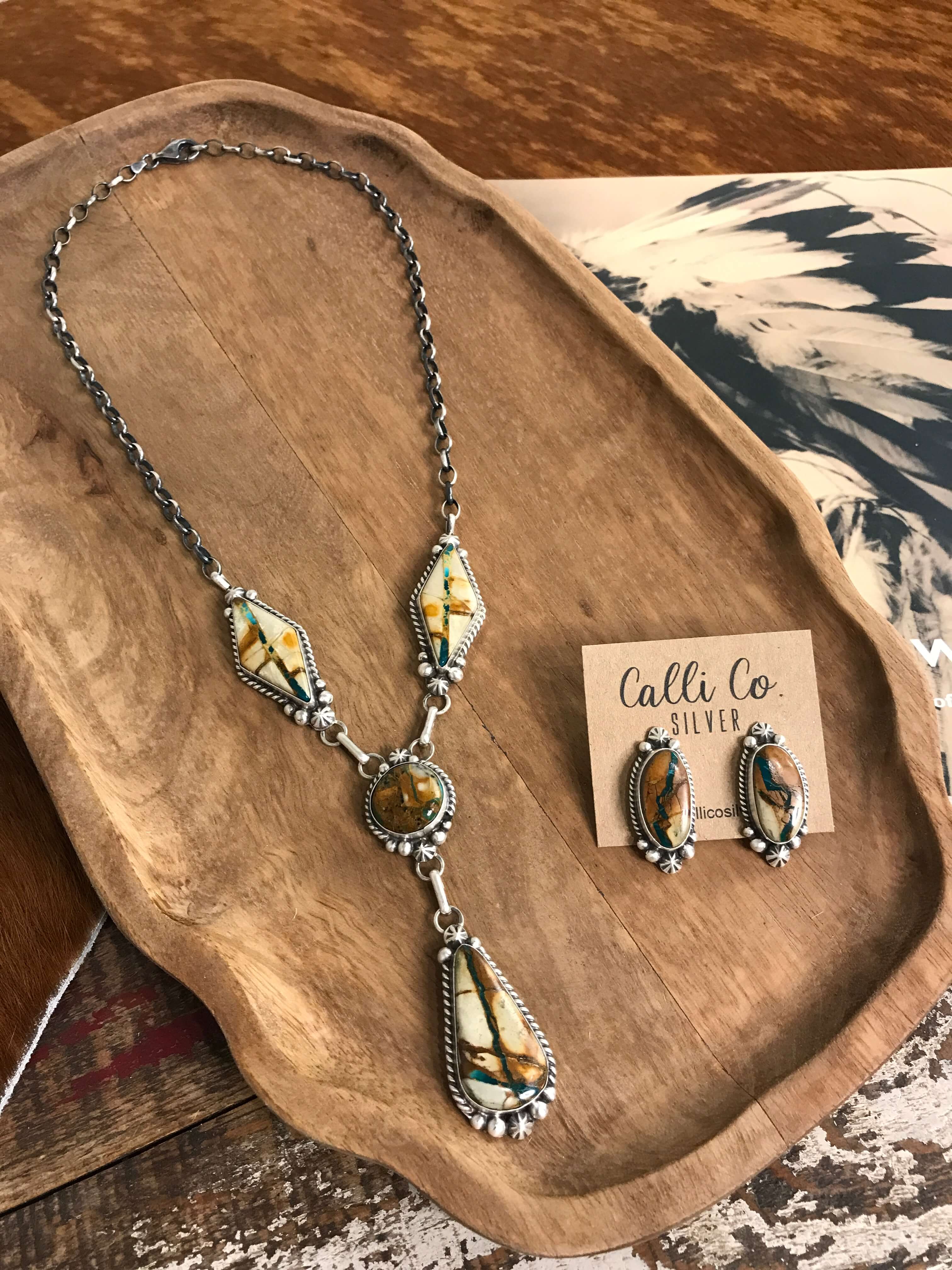 The Santa Cruz Lariat Necklace Set-Necklaces-Calli Co., Turquoise and Silver Jewelry, Native American Handmade, Zuni Tribe, Navajo Tribe, Brock Texas