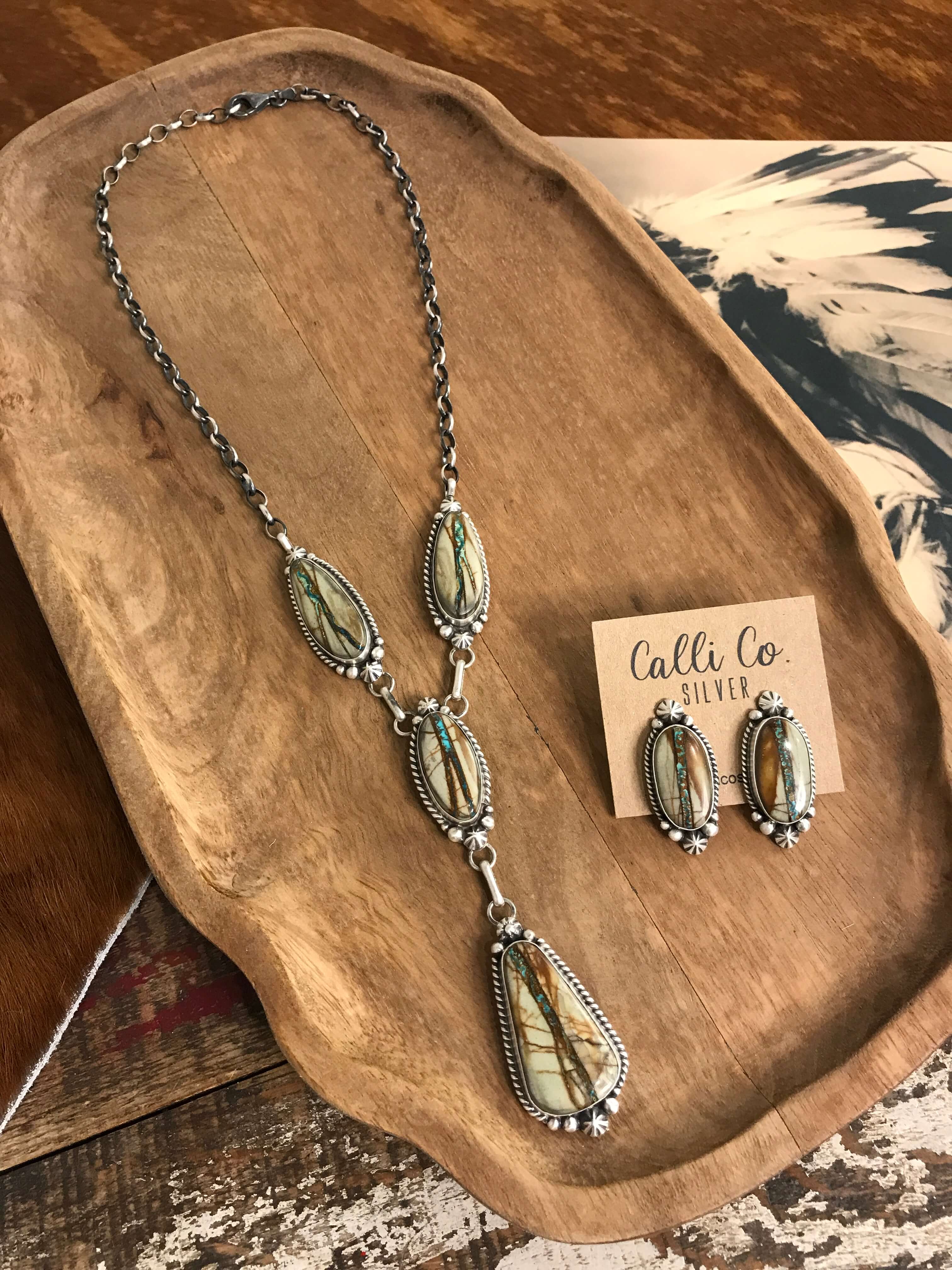 The Rio Lobo Lariat Necklace Set-Necklaces-Calli Co., Turquoise and Silver Jewelry, Native American Handmade, Zuni Tribe, Navajo Tribe, Brock Texas