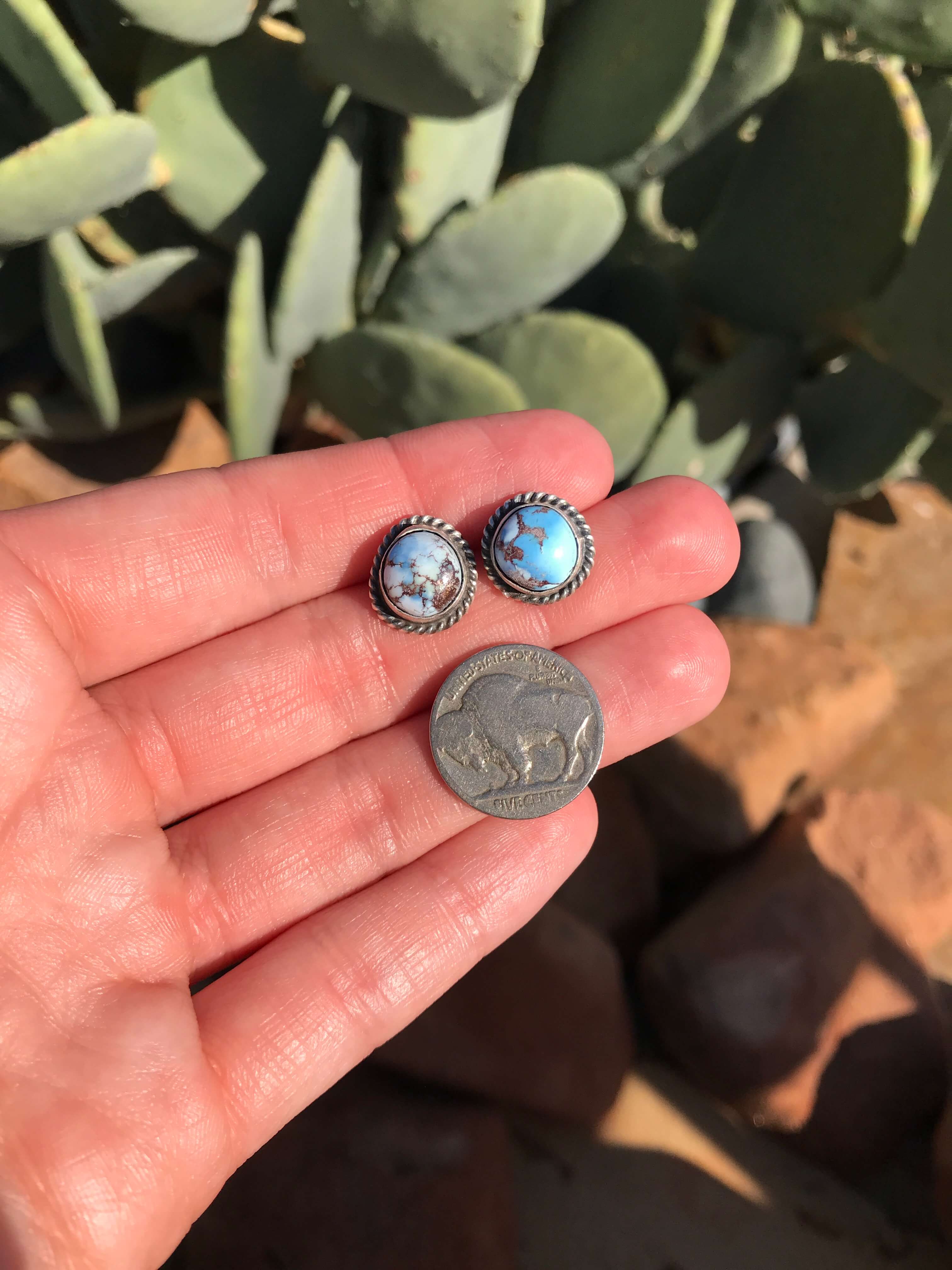 The Golden Hills Studs, 1-Earrings-Calli Co., Turquoise and Silver Jewelry, Native American Handmade, Zuni Tribe, Navajo Tribe, Brock Texas