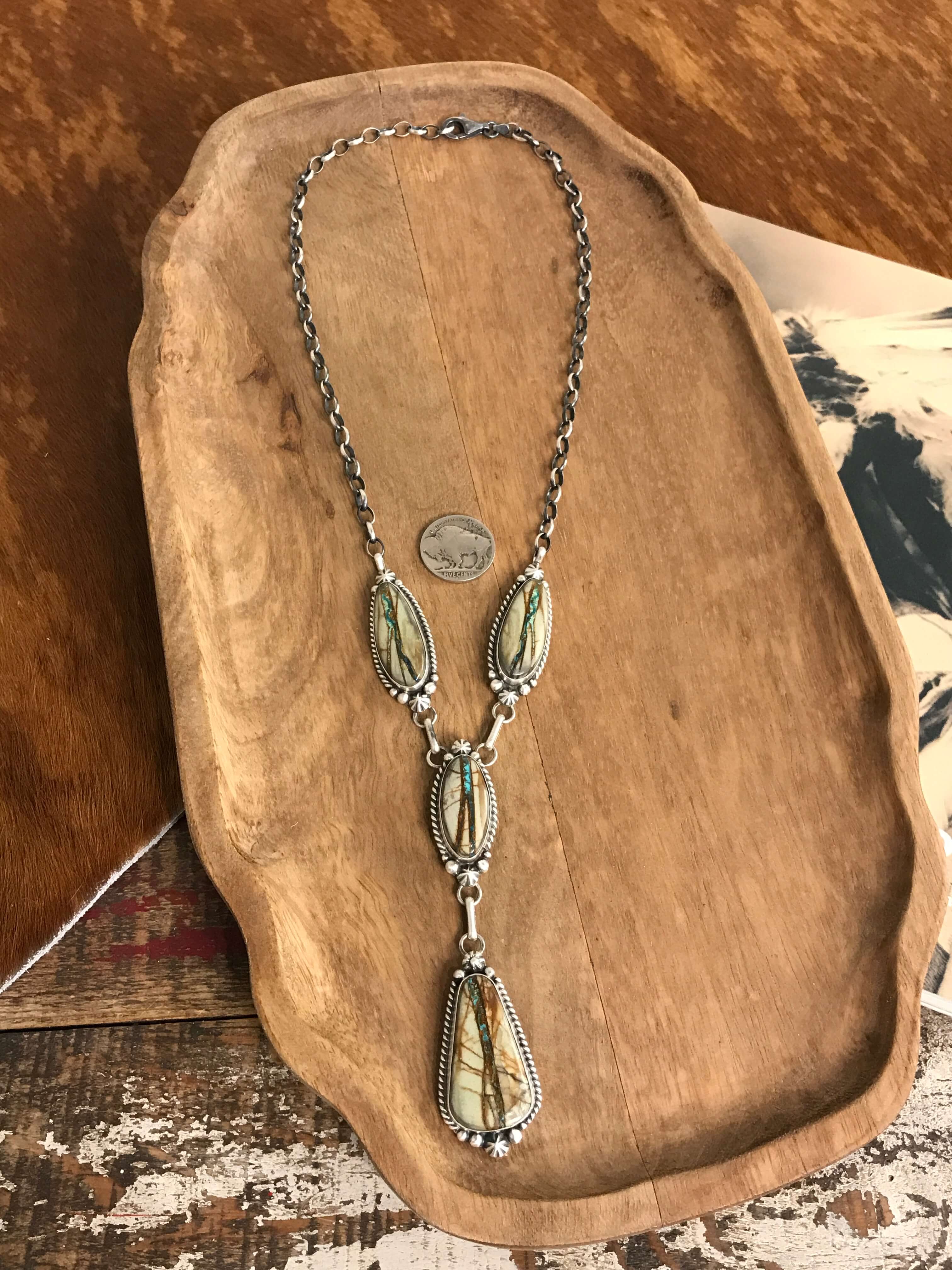 The Rio Lobo Lariat Necklace Set-Necklaces-Calli Co., Turquoise and Silver Jewelry, Native American Handmade, Zuni Tribe, Navajo Tribe, Brock Texas