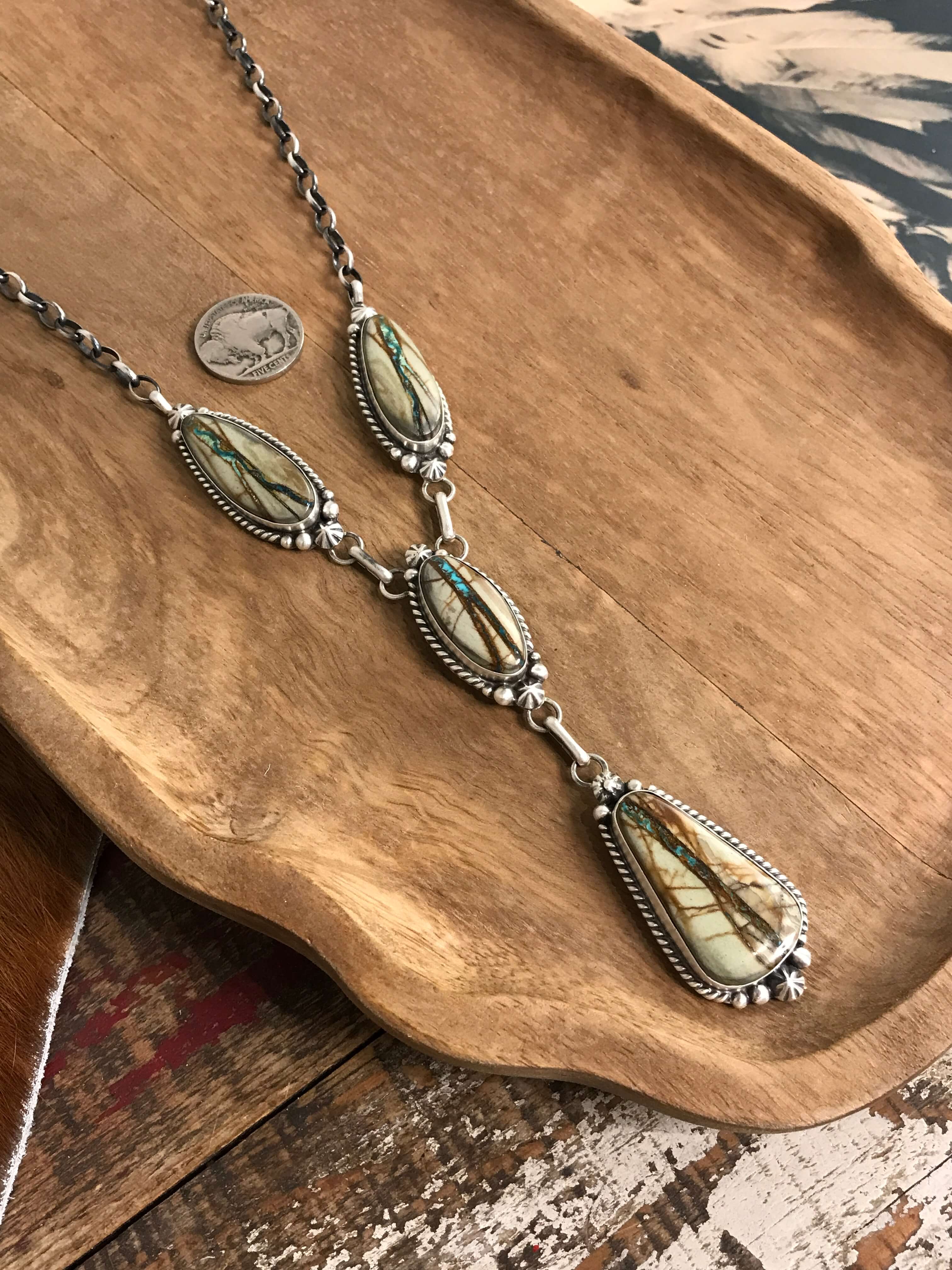 The Rio Lobo Lariat Necklace Set-Necklaces-Calli Co., Turquoise and Silver Jewelry, Native American Handmade, Zuni Tribe, Navajo Tribe, Brock Texas