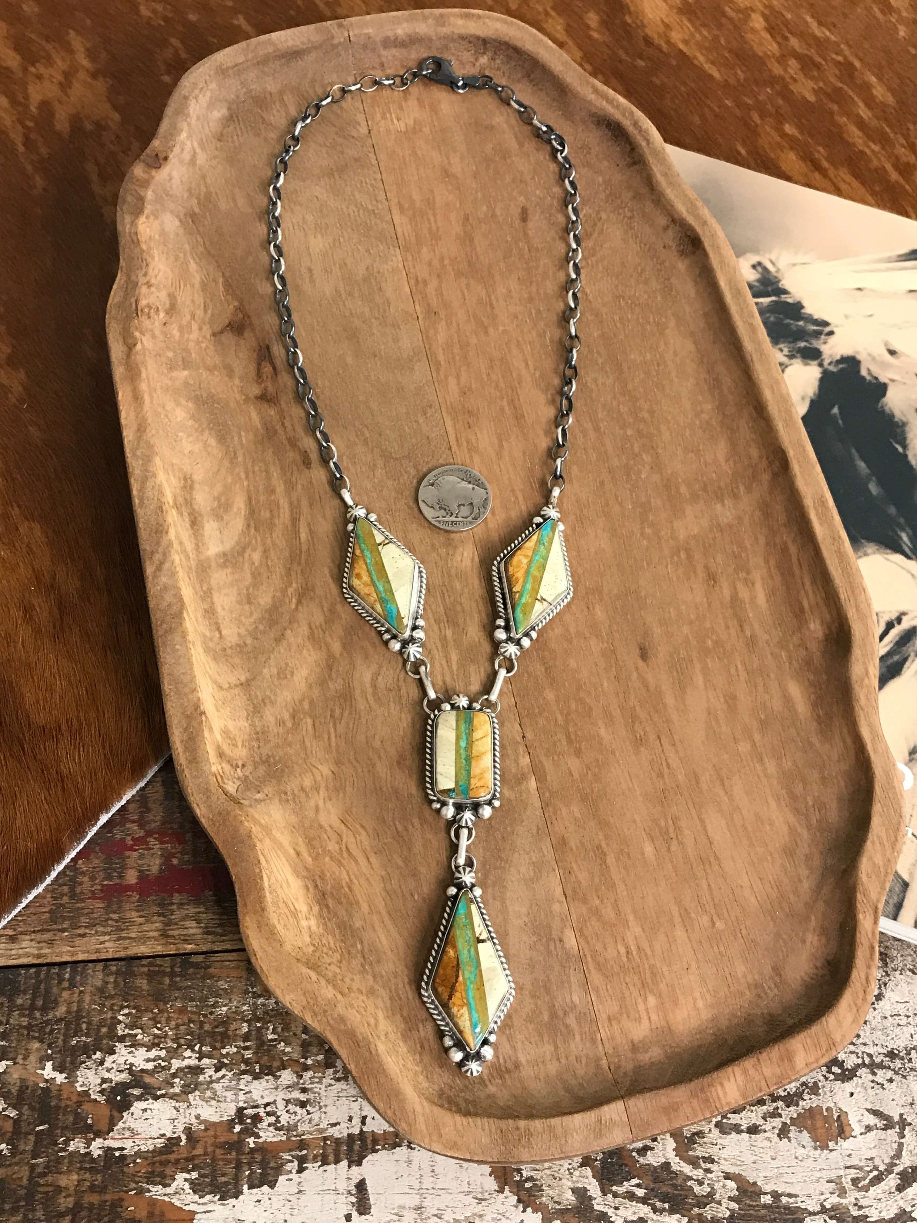 The Palo Pinto Lariat Necklace Set-Necklaces-Calli Co., Turquoise and Silver Jewelry, Native American Handmade, Zuni Tribe, Navajo Tribe, Brock Texas