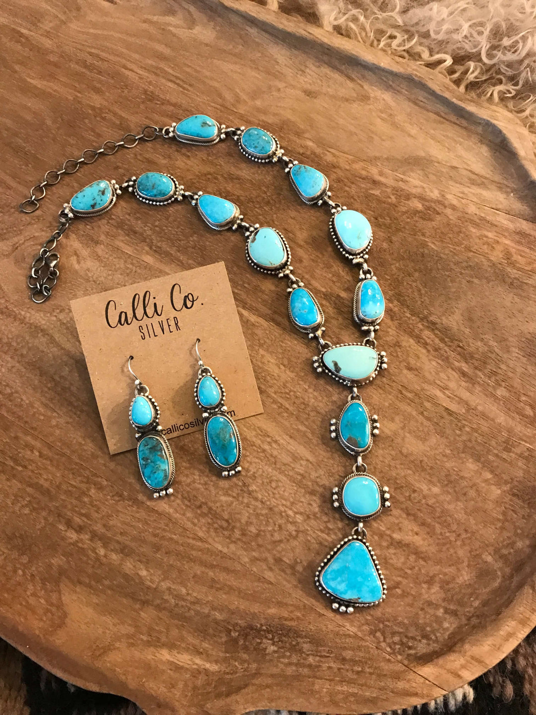 The Rani Turquoise Lariat Necklace Set-Necklaces-Calli Co., Turquoise and Silver Jewelry, Native American Handmade, Zuni Tribe, Navajo Tribe, Brock Texas