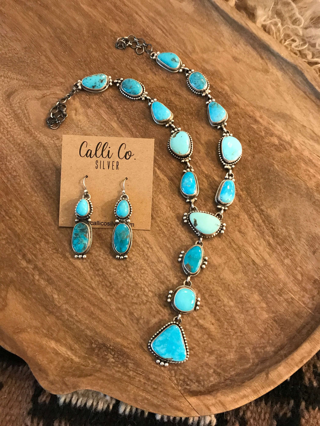 The Rani Turquoise Lariat Necklace Set-Necklaces-Calli Co., Turquoise and Silver Jewelry, Native American Handmade, Zuni Tribe, Navajo Tribe, Brock Texas