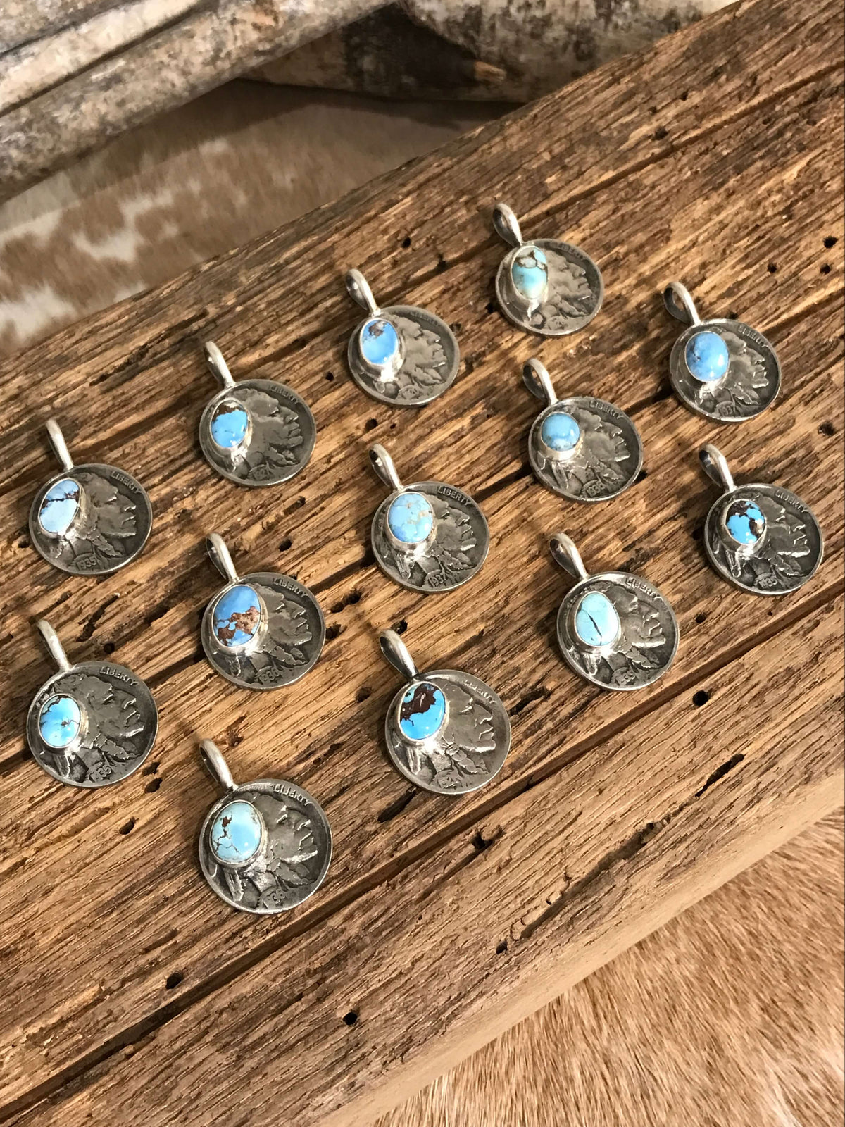 The Buffalo Nickel Pendants in Golden Hills-Pendants-Calli Co., Turquoise and Silver Jewelry, Native American Handmade, Zuni Tribe, Navajo Tribe, Brock Texas