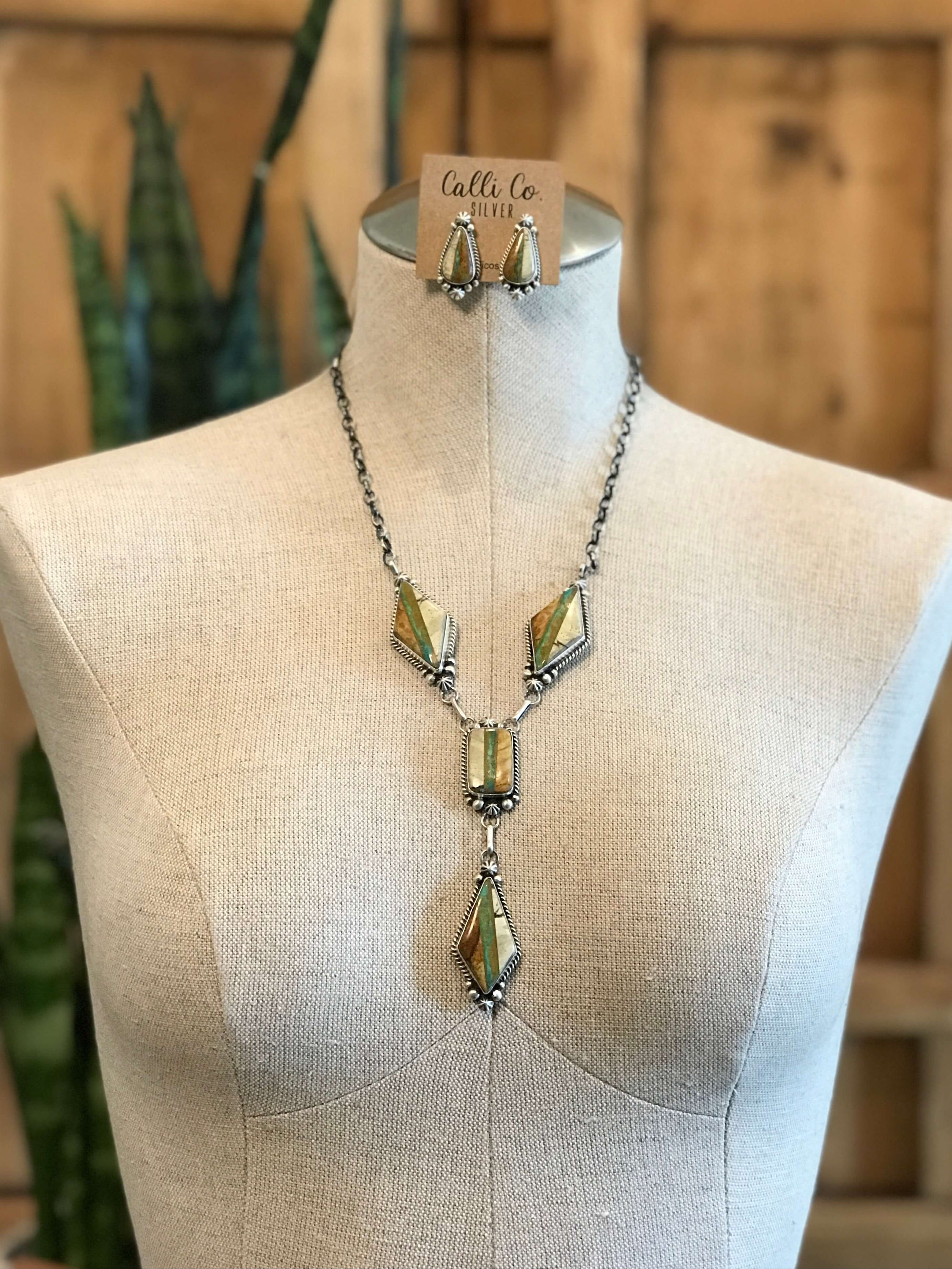The Palo Pinto Lariat Necklace Set-Necklaces-Calli Co., Turquoise and Silver Jewelry, Native American Handmade, Zuni Tribe, Navajo Tribe, Brock Texas