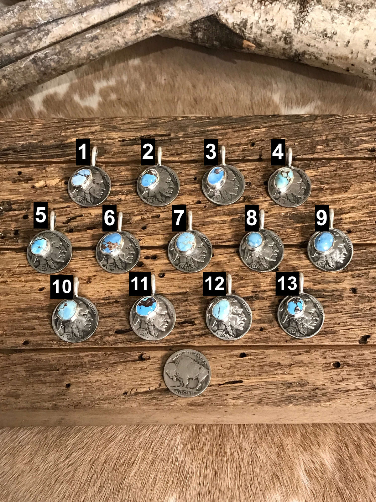 The Buffalo Nickel Pendants in Golden Hills-Pendants-Calli Co., Turquoise and Silver Jewelry, Native American Handmade, Zuni Tribe, Navajo Tribe, Brock Texas