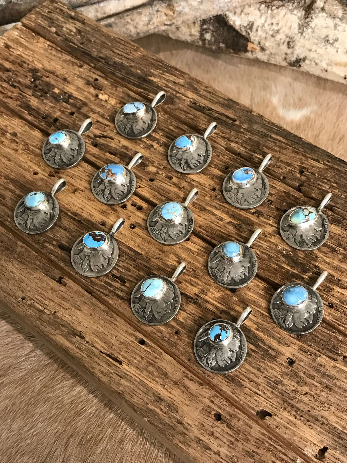 The Buffalo Nickel Pendants in Golden Hills-Pendants-Calli Co., Turquoise and Silver Jewelry, Native American Handmade, Zuni Tribe, Navajo Tribe, Brock Texas