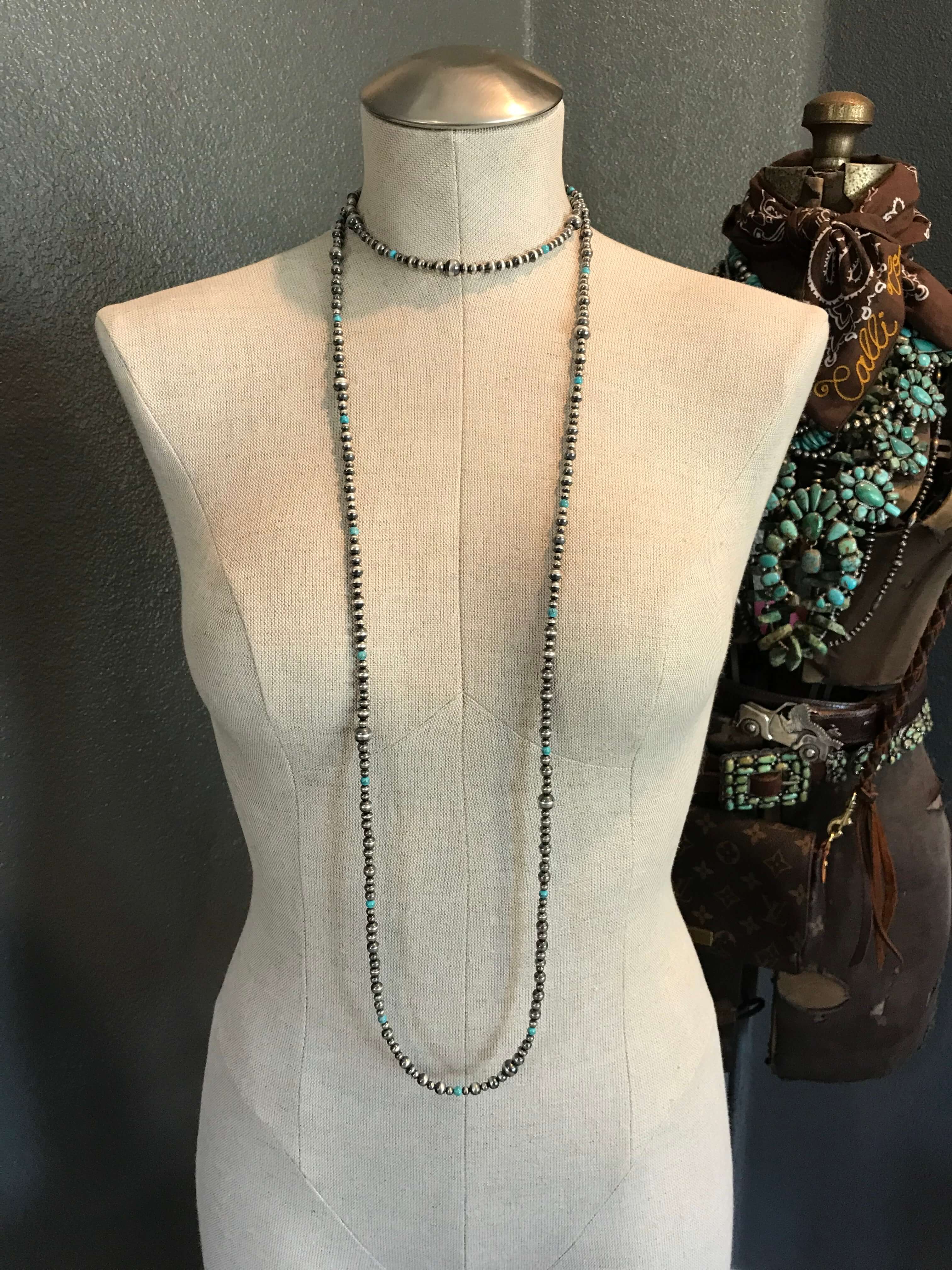 The Tulare Necklace, 60"-Necklaces-Calli Co., Turquoise and Silver Jewelry, Native American Handmade, Zuni Tribe, Navajo Tribe, Brock Texas