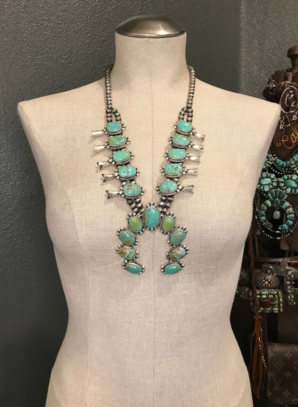 The Sutton Squash Blossom Necklace Set-Necklaces-Calli Co., Turquoise and Silver Jewelry, Native American Handmade, Zuni Tribe, Navajo Tribe, Brock Texas