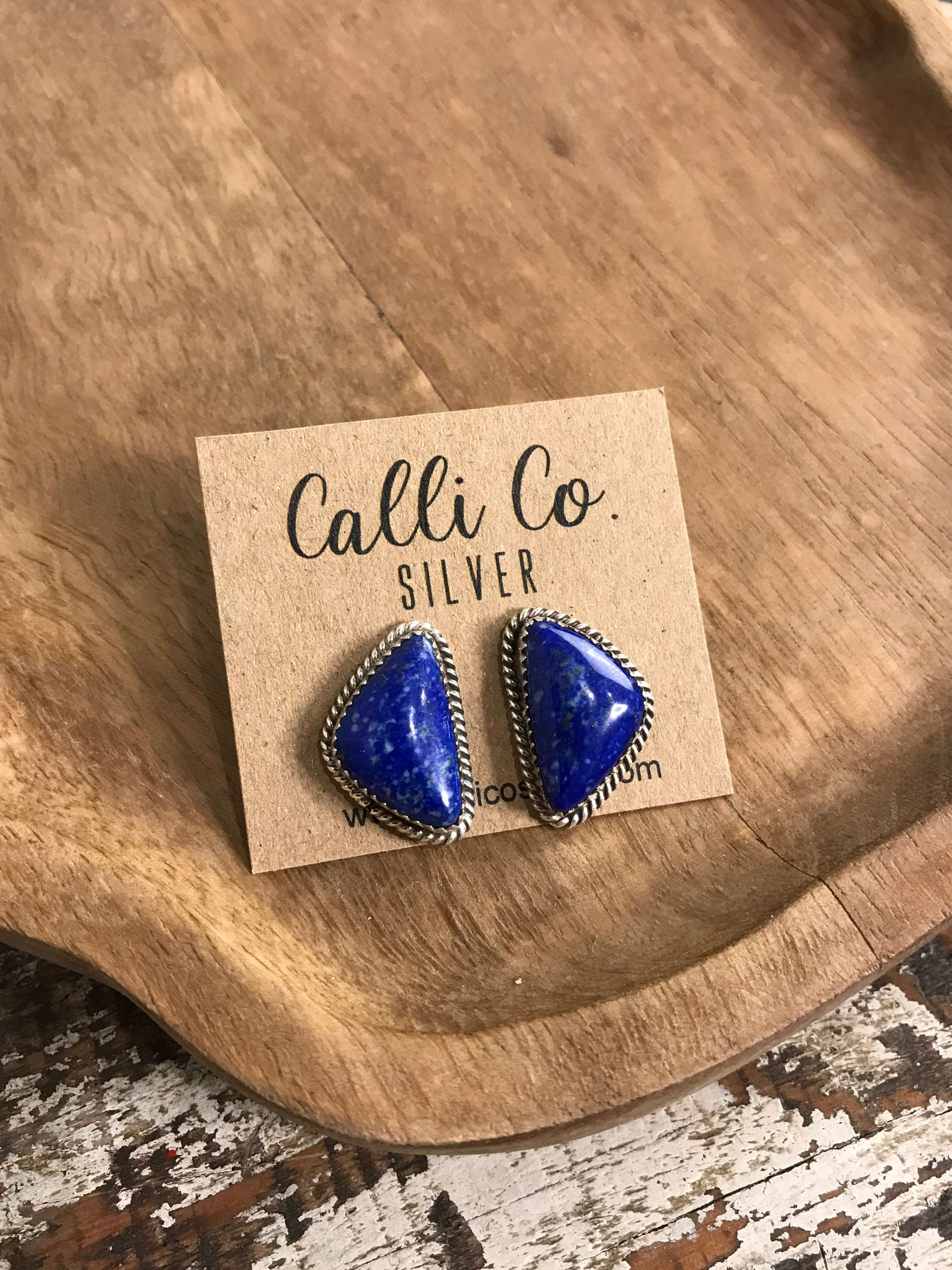 The Lost Creek Lapis Studs, 3-Earrings-Calli Co., Turquoise and Silver Jewelry, Native American Handmade, Zuni Tribe, Navajo Tribe, Brock Texas