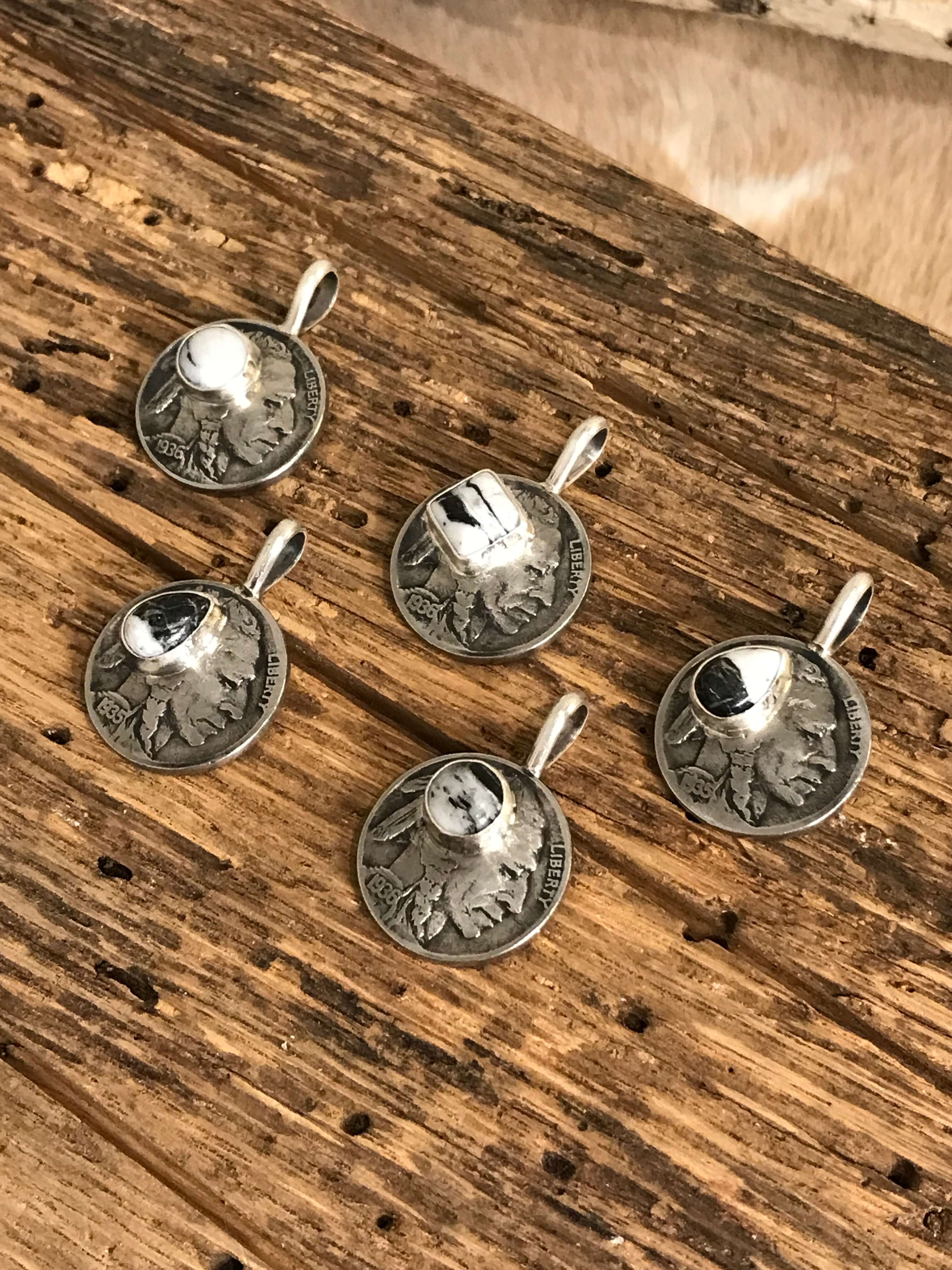 The Buffalo Nickel Pendants in White Buffalo-Pendants-Calli Co., Turquoise and Silver Jewelry, Native American Handmade, Zuni Tribe, Navajo Tribe, Brock Texas