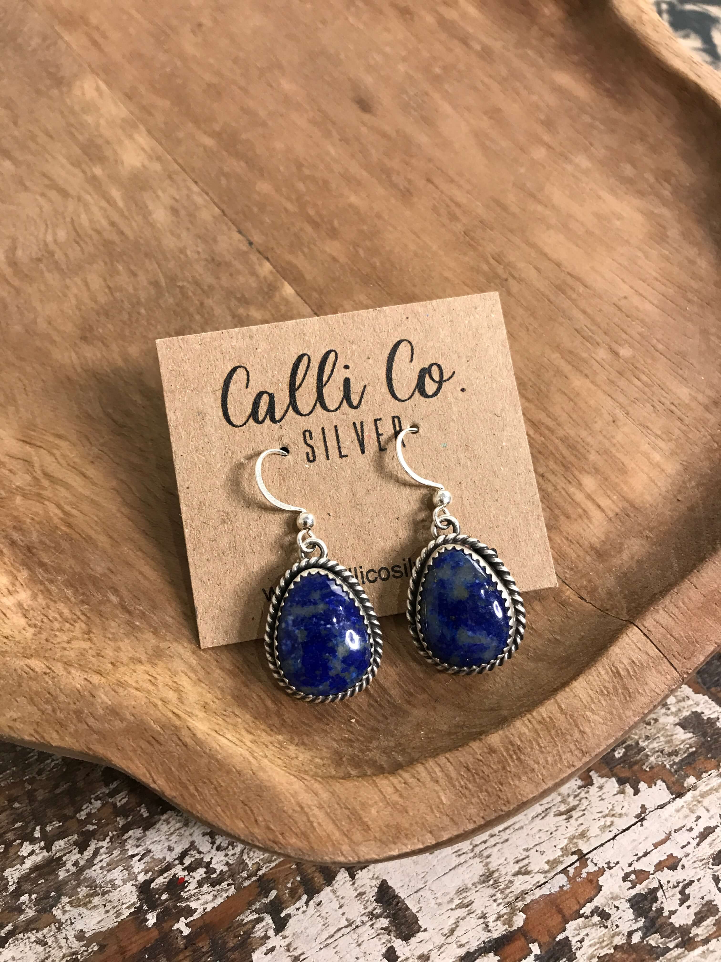 The Jude Lapis Dangles, 2-Earrings-Calli Co., Turquoise and Silver Jewelry, Native American Handmade, Zuni Tribe, Navajo Tribe, Brock Texas