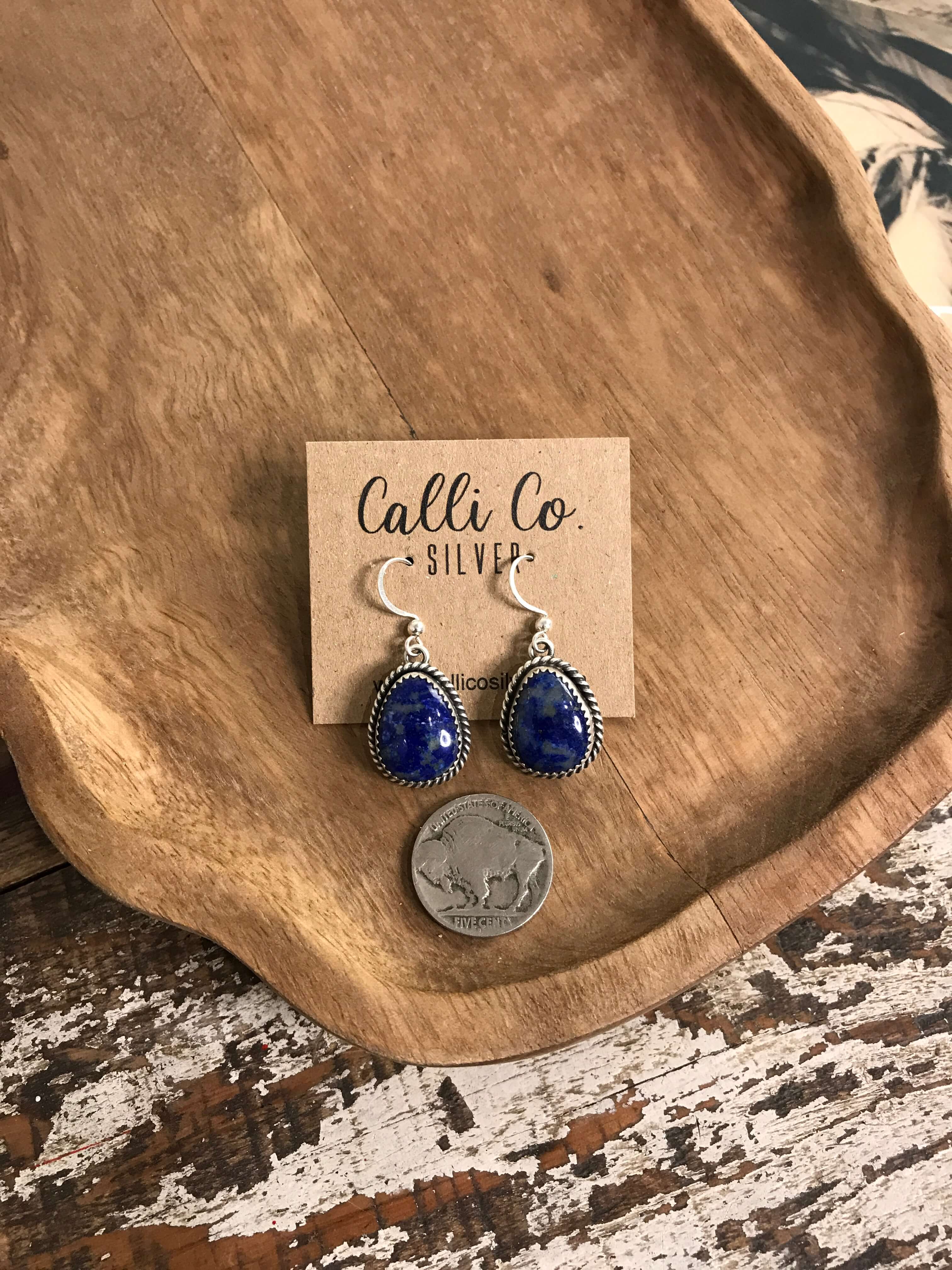 The Jude Lapis Dangles, 2-Earrings-Calli Co., Turquoise and Silver Jewelry, Native American Handmade, Zuni Tribe, Navajo Tribe, Brock Texas