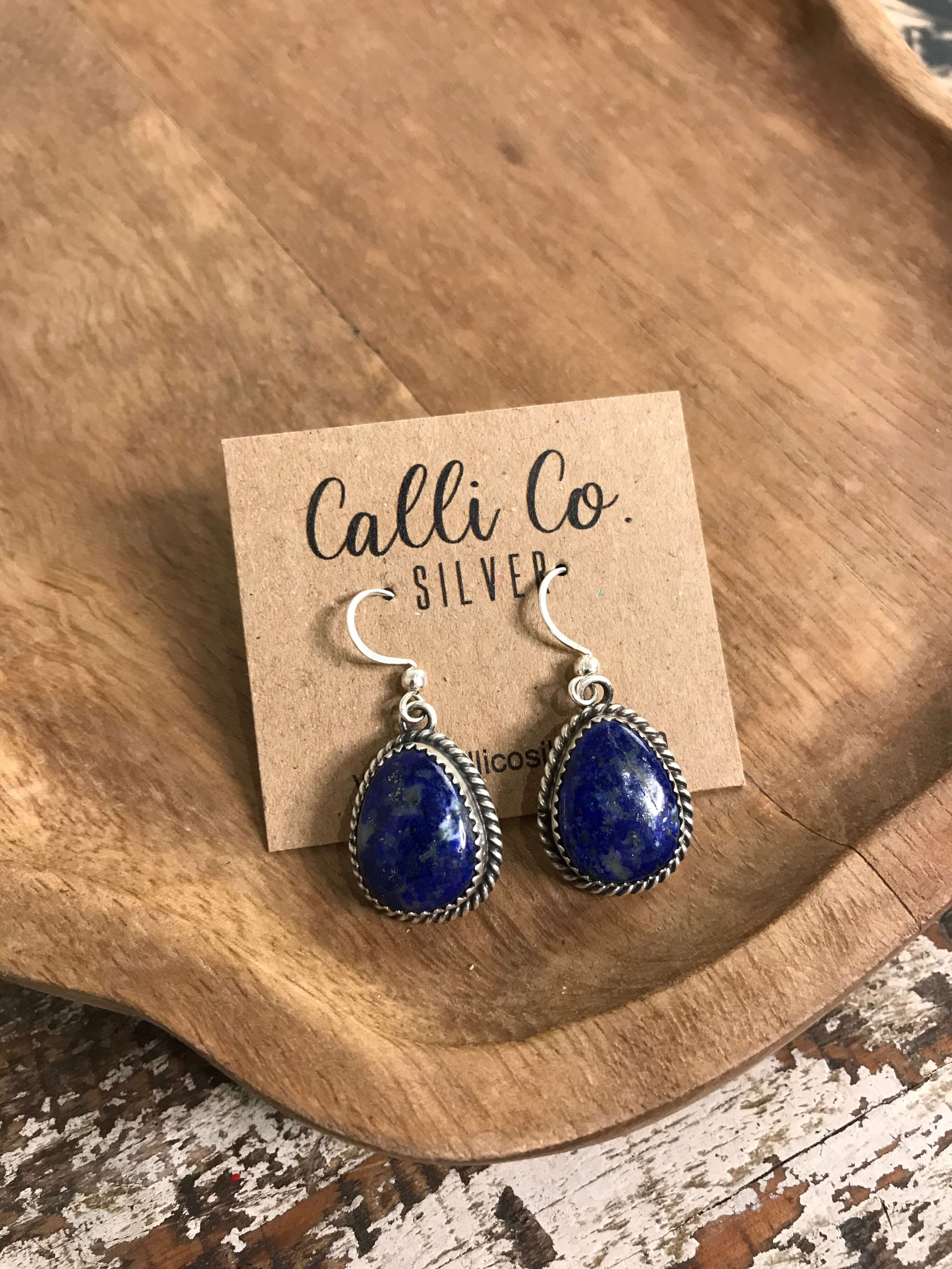 The Jude Lapis Dangles, 3-Earrings-Calli Co., Turquoise and Silver Jewelry, Native American Handmade, Zuni Tribe, Navajo Tribe, Brock Texas