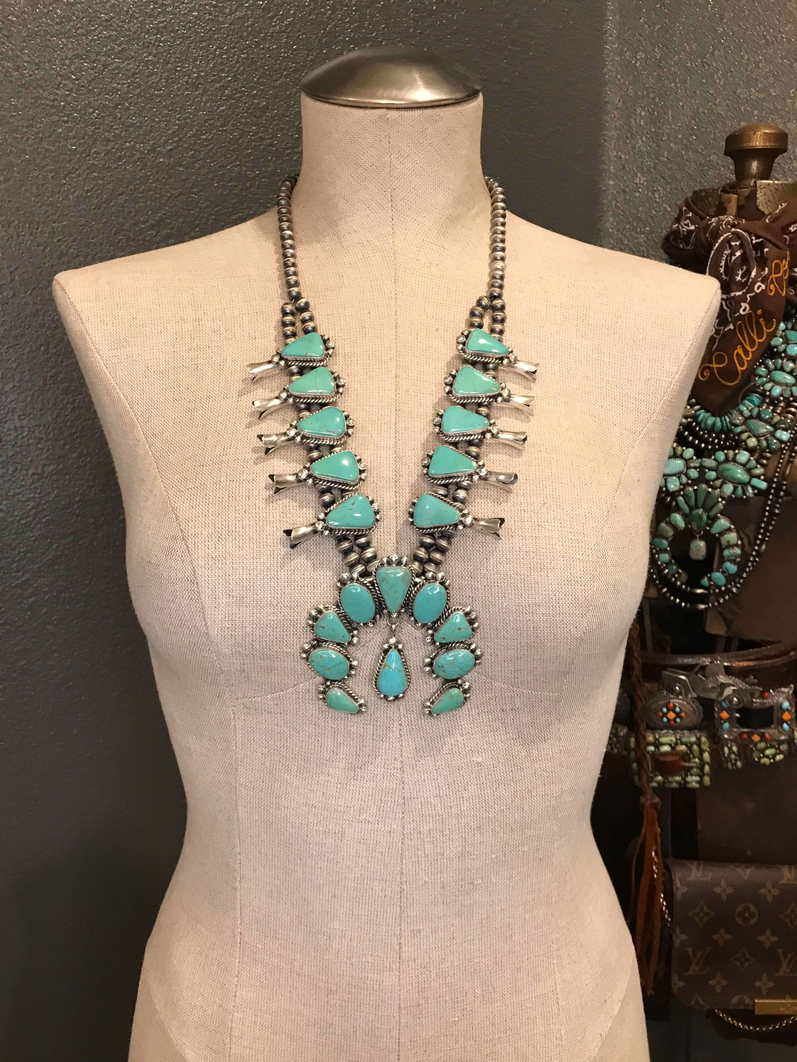 The Canyon Turquoise Squash Blossom Necklace Set-Necklaces-Calli Co., Turquoise and Silver Jewelry, Native American Handmade, Zuni Tribe, Navajo Tribe, Brock Texas